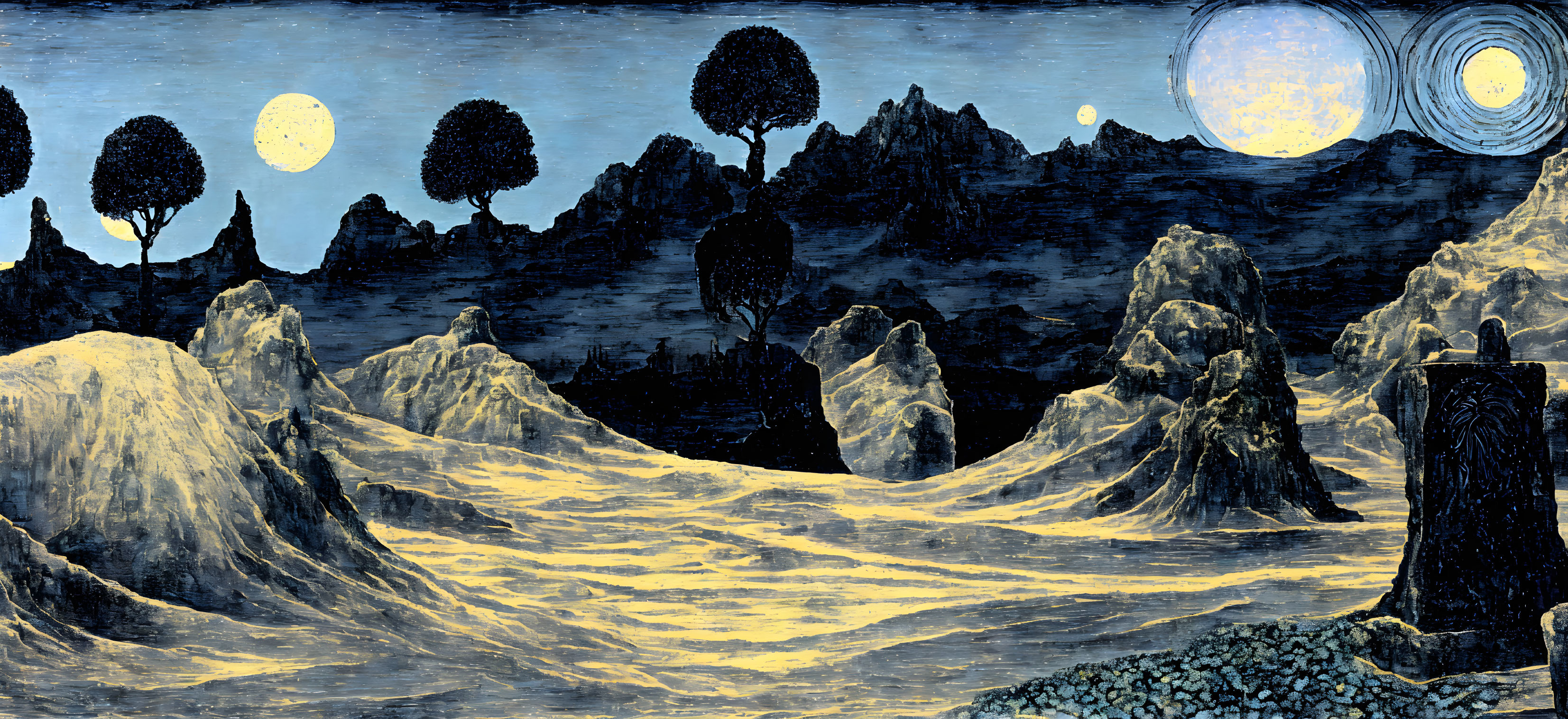 Nighttime landscape with two moons, silhouette trees, hills, starry sky, and monolith.