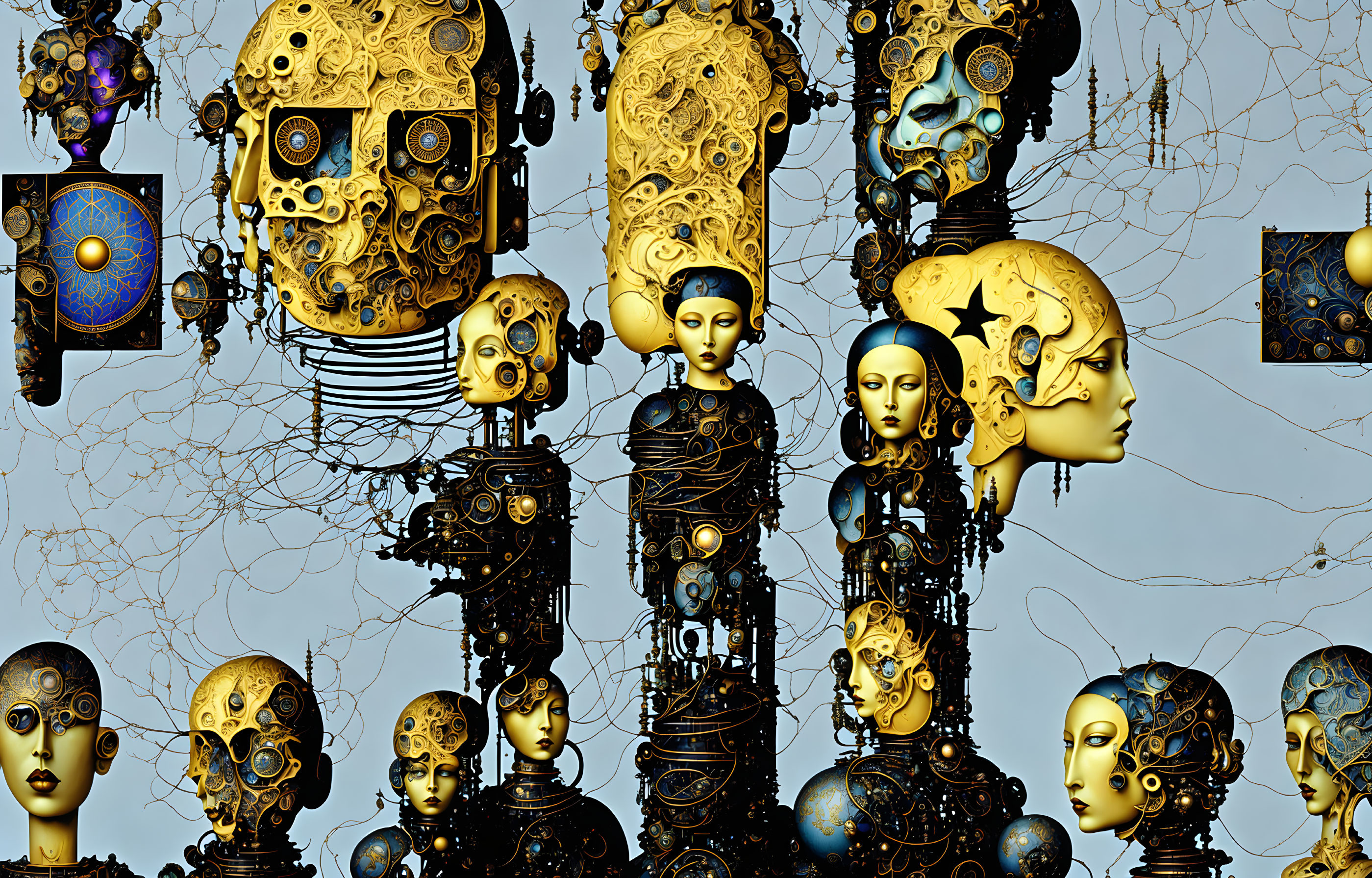 Intricate surreal digital artwork: Golden metallic humanoid heads connected by delicate wires on blue.