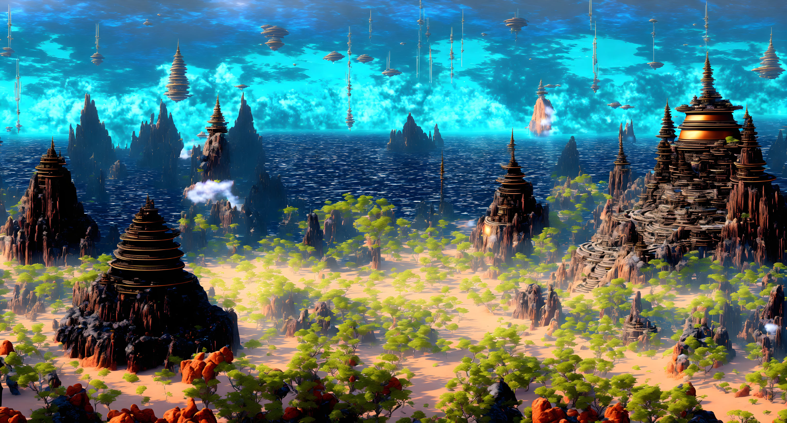 Fantastical landscape with floating islands and towering spires