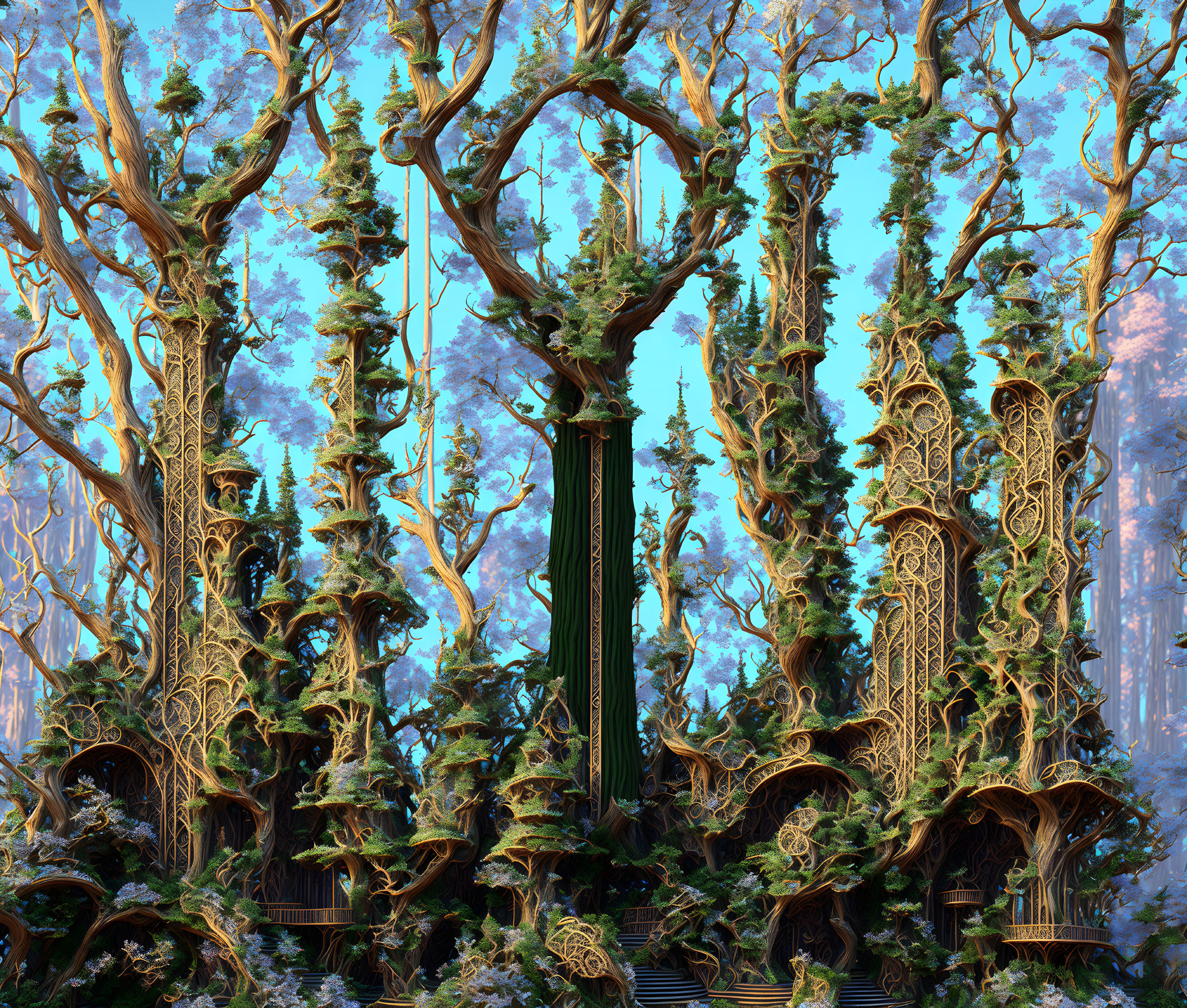 Majestic enchanted forest with ornate trees and mysterious structures in a magical blue setting