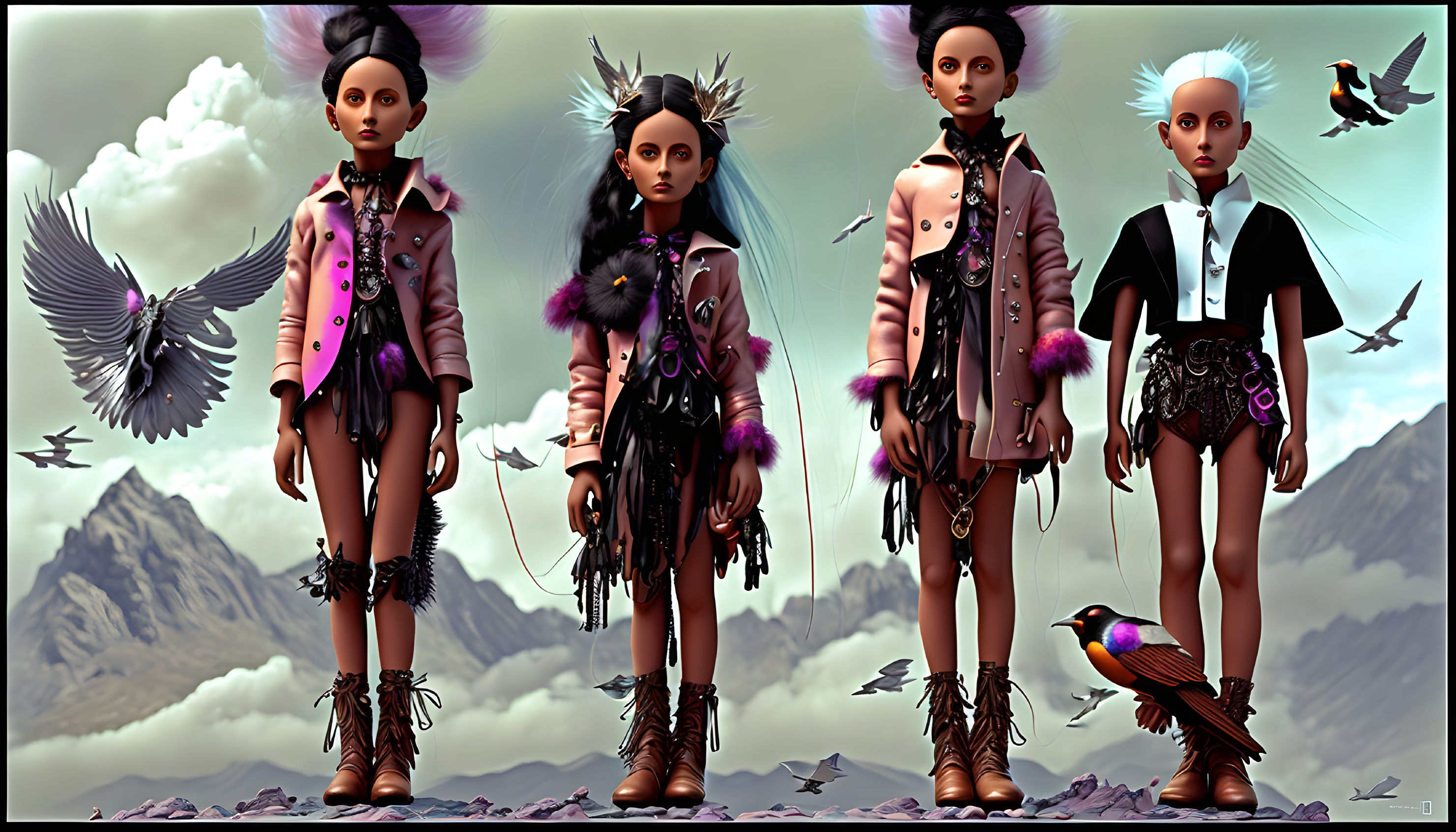 Stylized digital dolls in mountain landscape with fringed clothing and feathers, two realistic flying birds