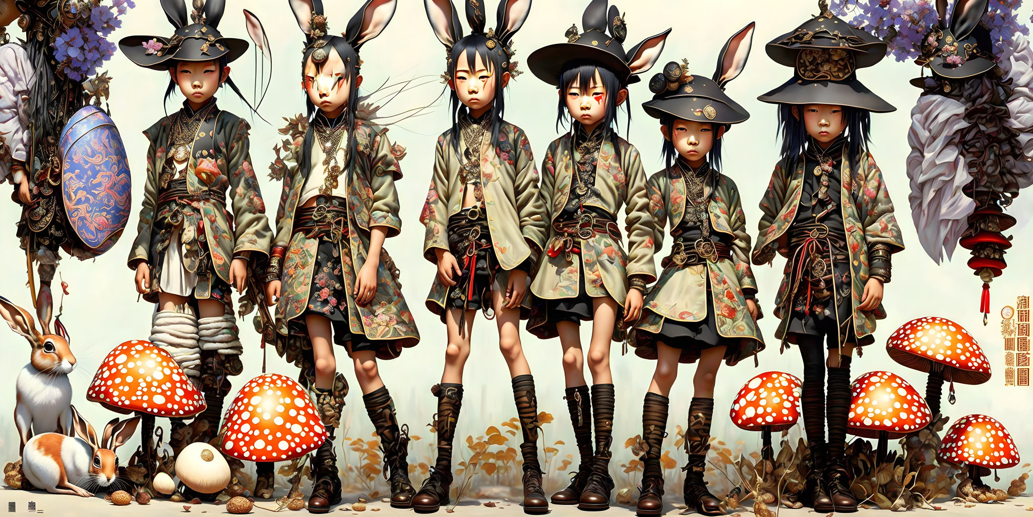 Identical characters in witch outfits with varied expressions, among mushrooms, Easter egg, and rabbit