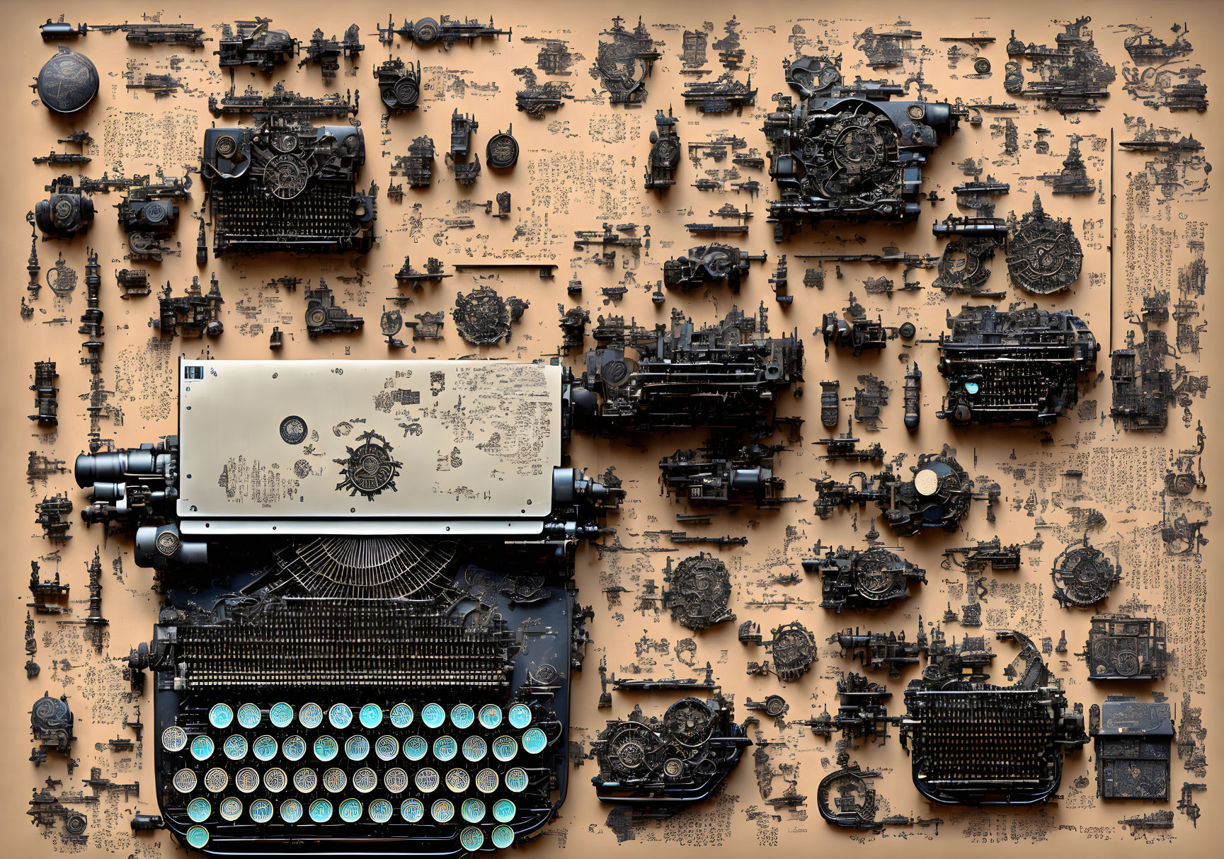 Vintage Typewriters and Parts Displayed on Decorative Board