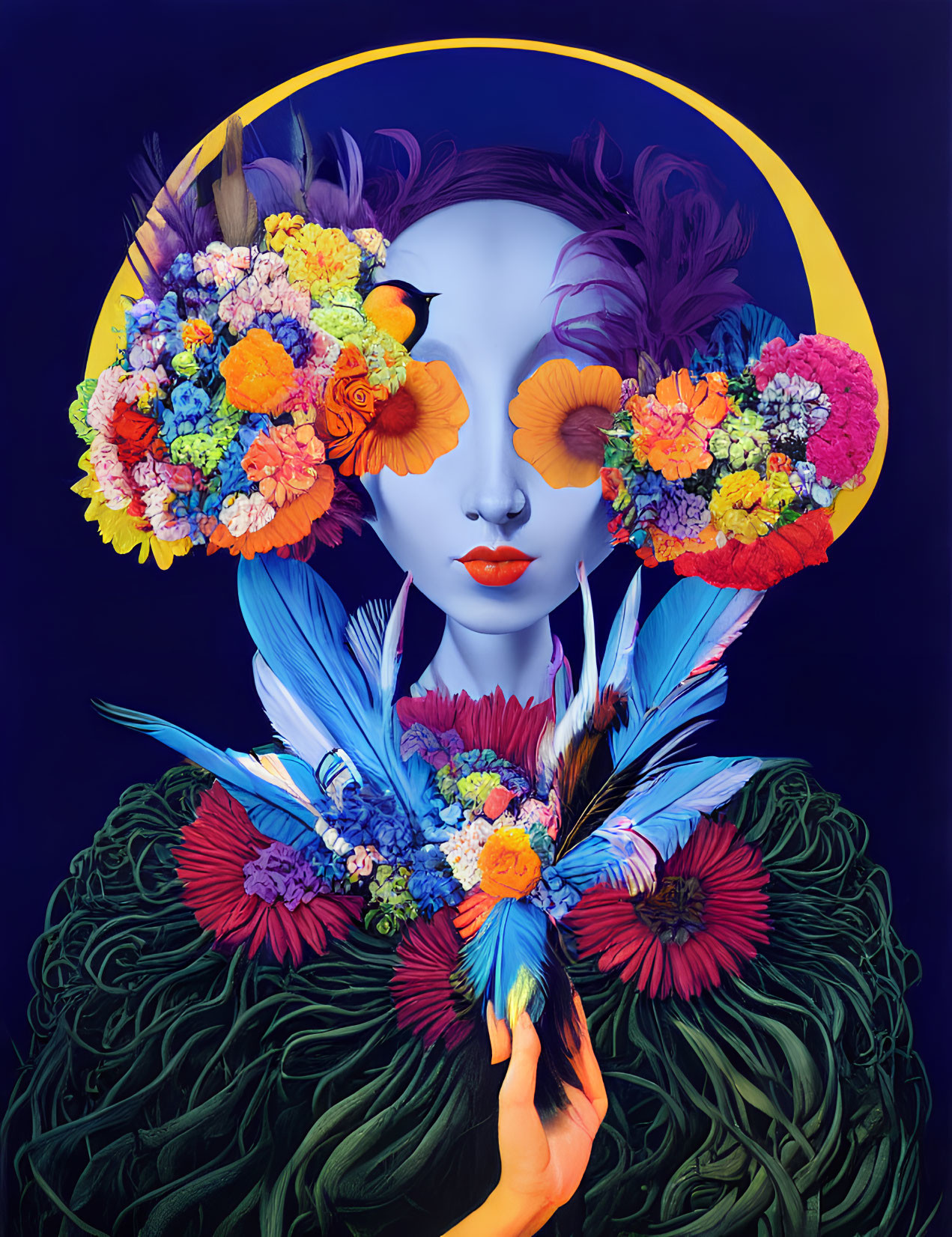 Surreal portrait with floral eyes and blue skin amidst vibrant flowers, feathers, and foliage on dark