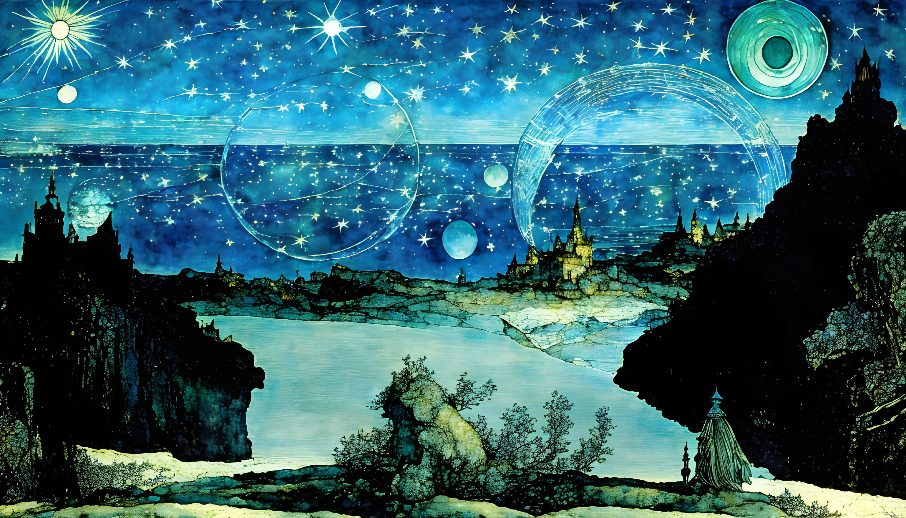 Vivid starry night landscape with celestial designs, lake, rocks, and castles