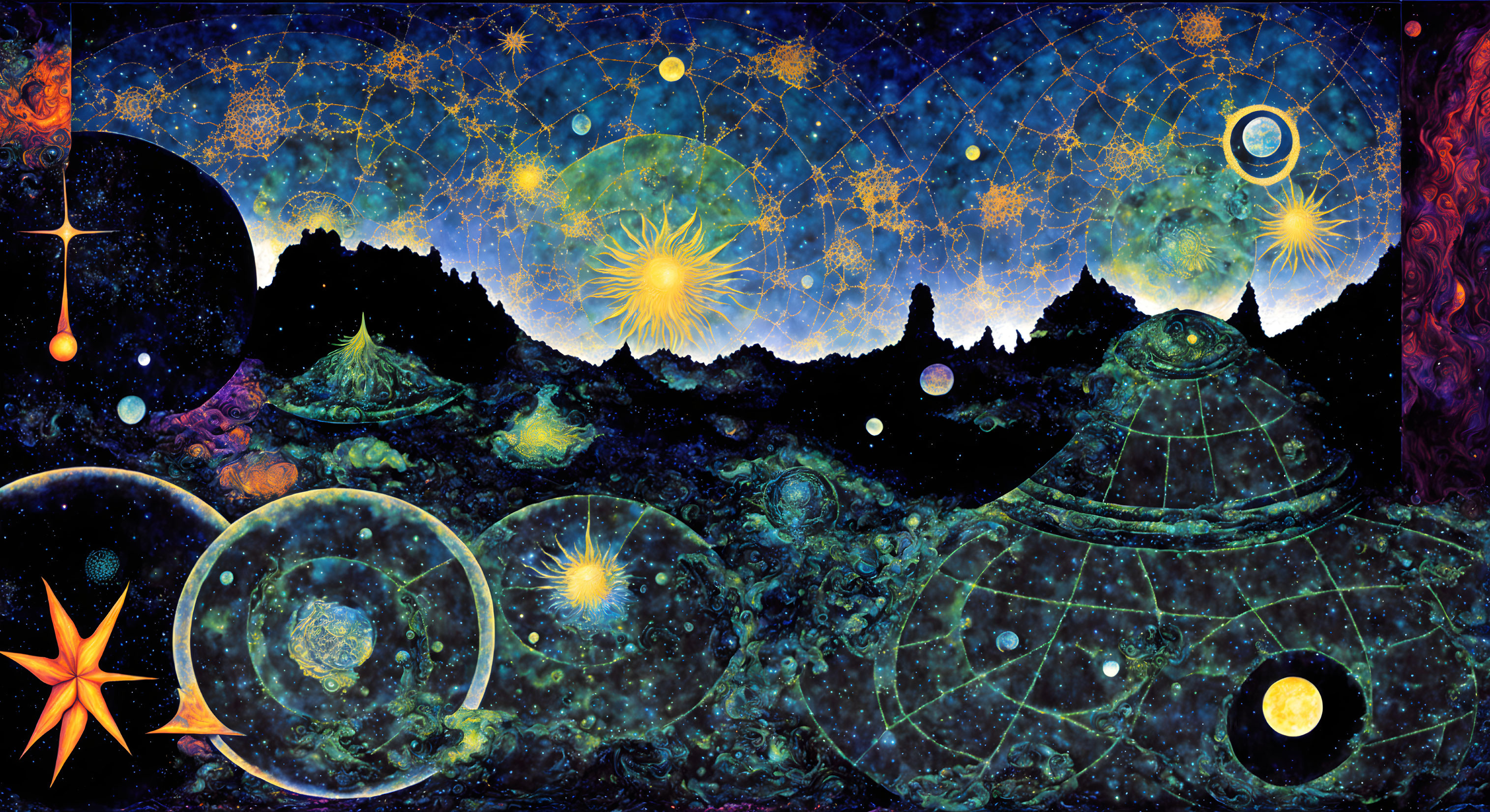 Colorful cosmic artwork with stars, planets, and deep space exploration