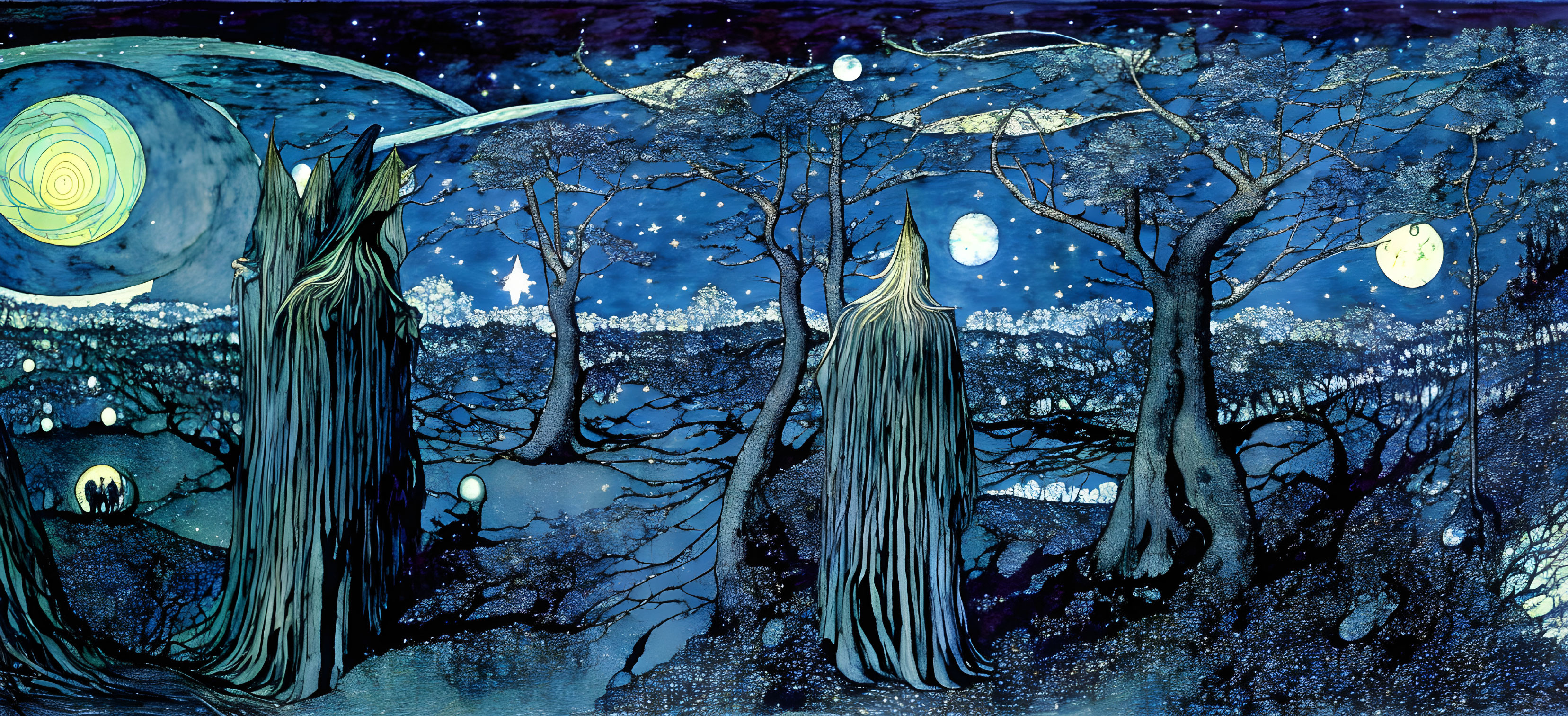 Panoramic fantasy artwork: cloaked figures, starry night skies, celestial moons, and yellow