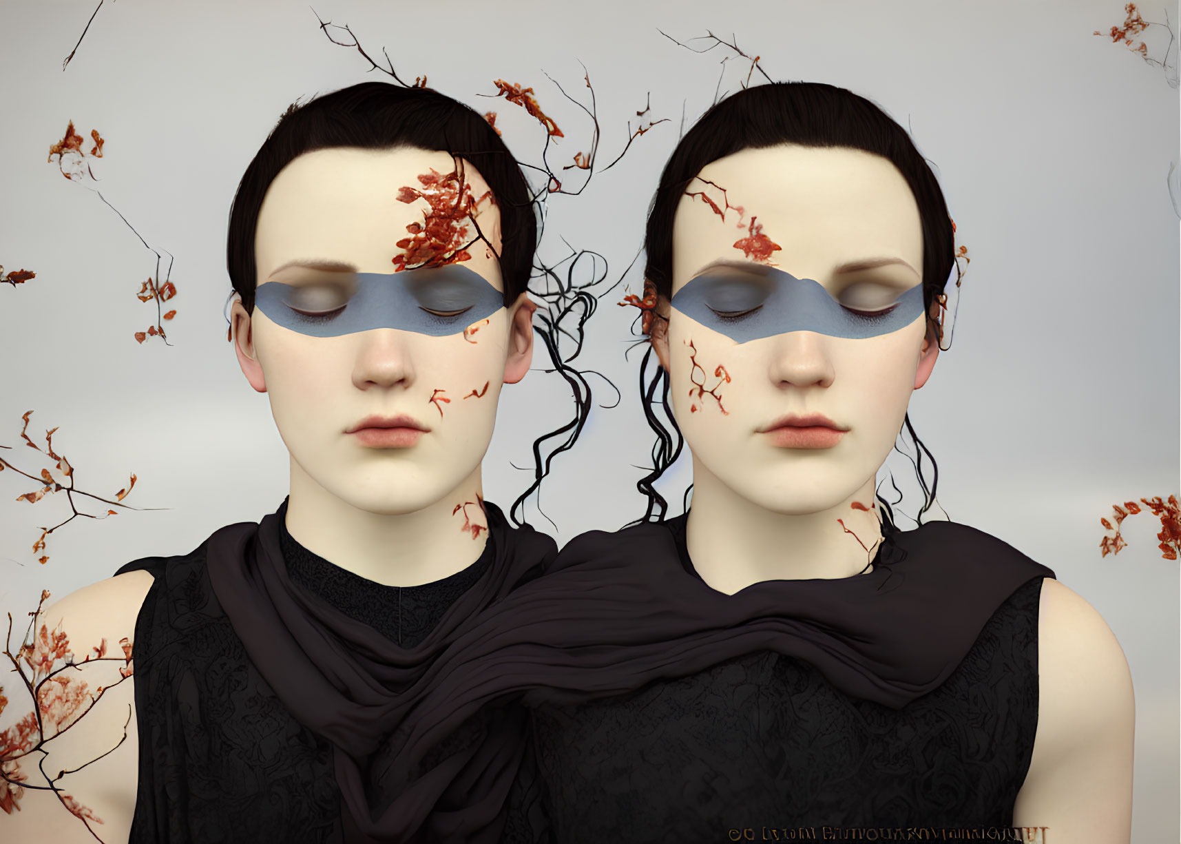 Porcelain-like figures with blindfolds and red floral accents on neutral background