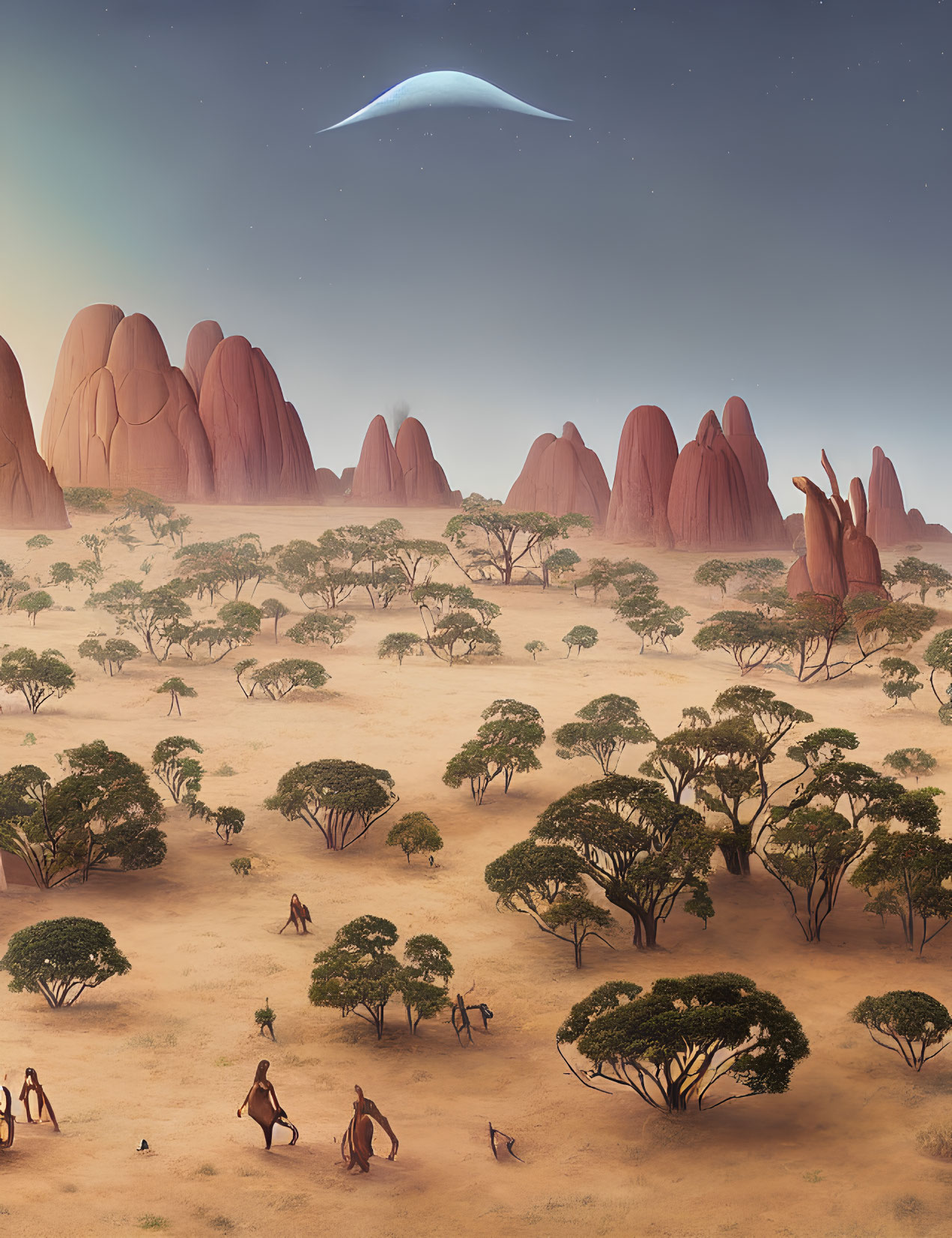 Desert landscape with giraffes, acacia trees, and crescent moon