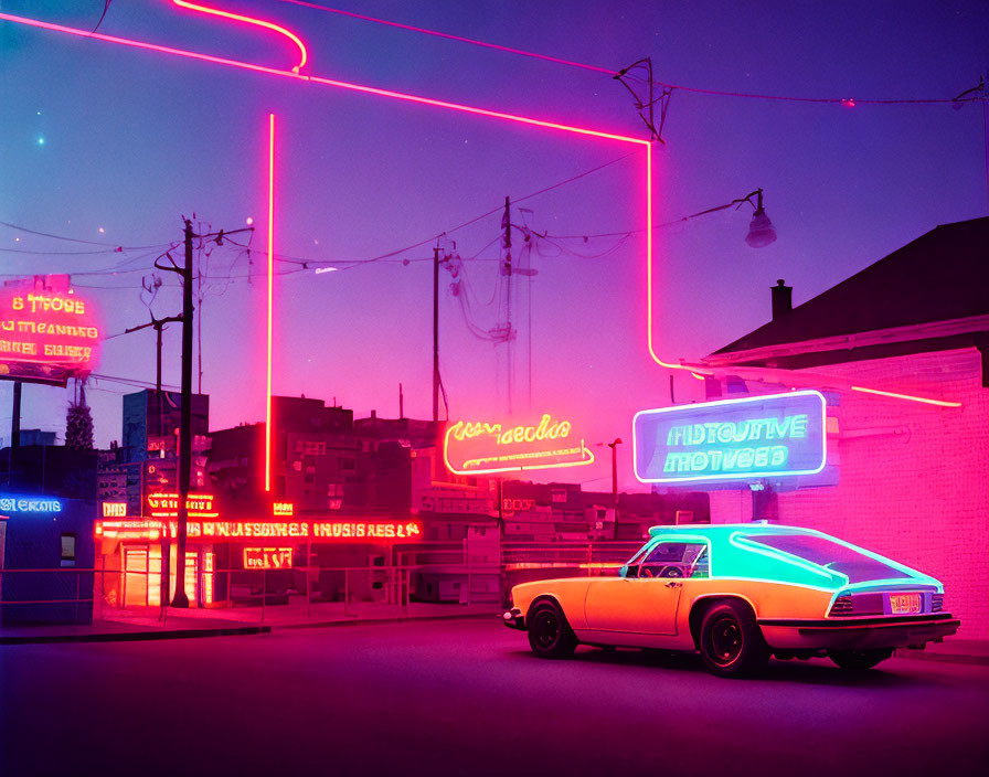 Vintage Car Parked Under Vibrant Neon Signs at Dusk