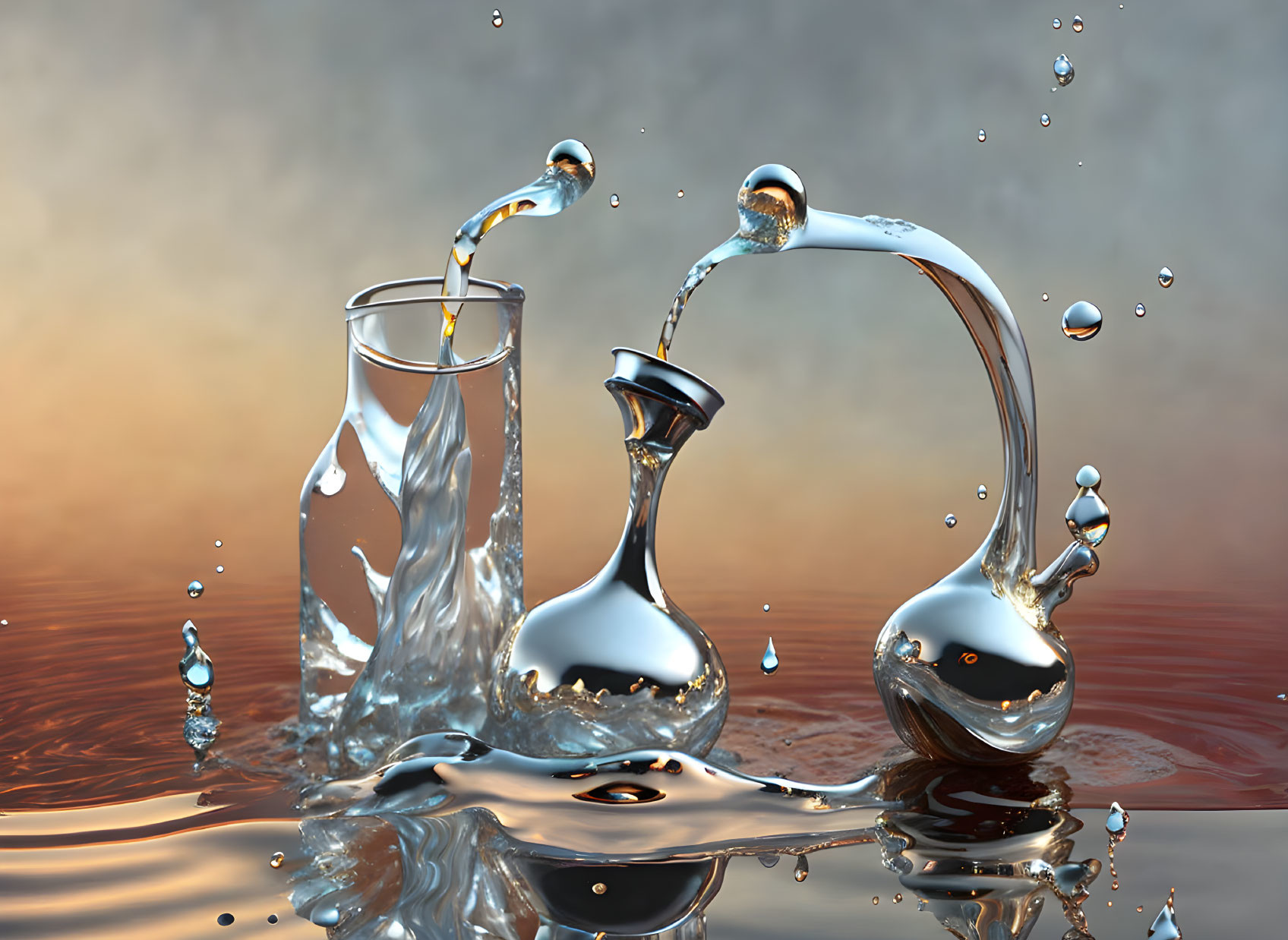 Artistic water splashing between glass and vase on warm backdrop