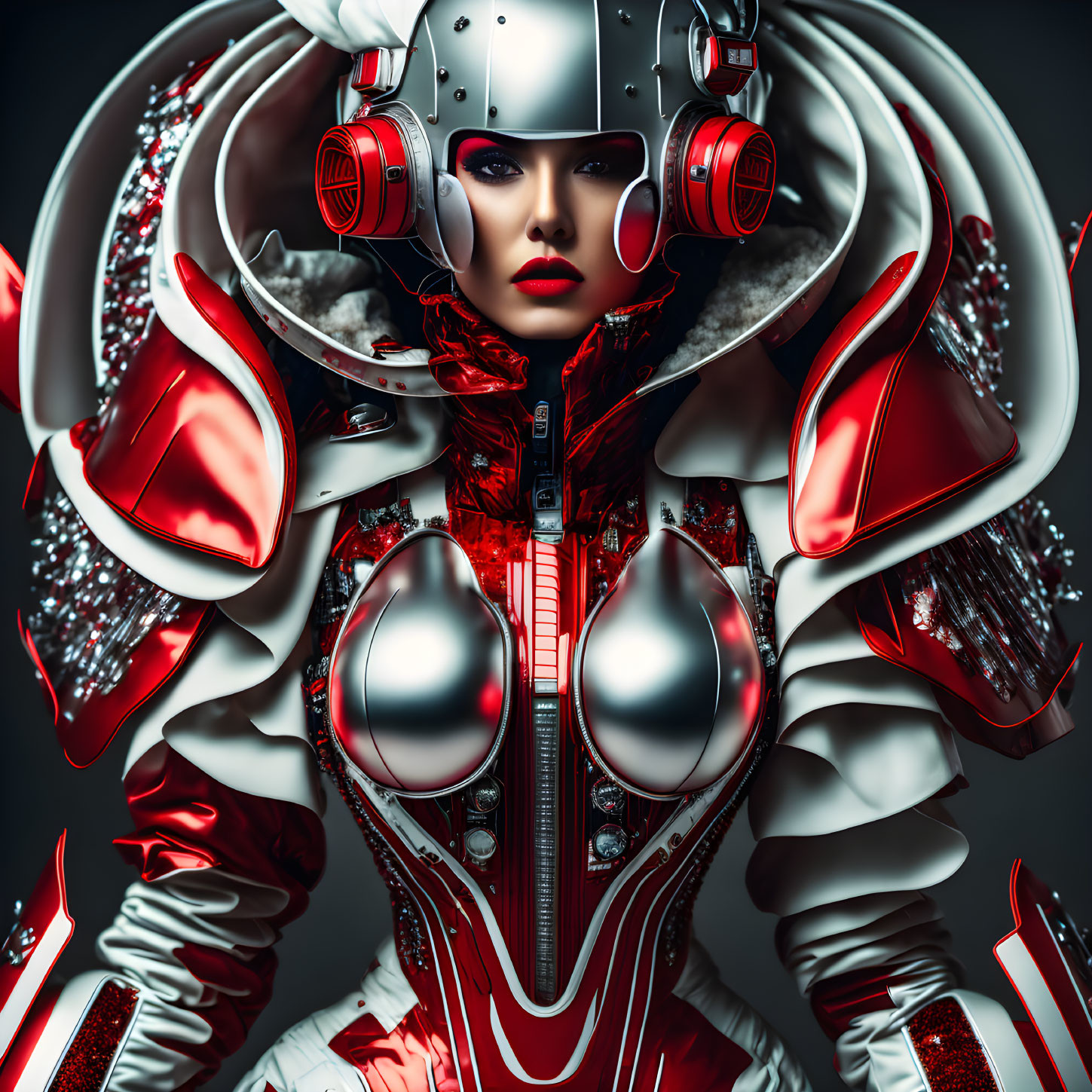 Female Cyborg in Red and White Armor with Intricate Helmet on Grey Background