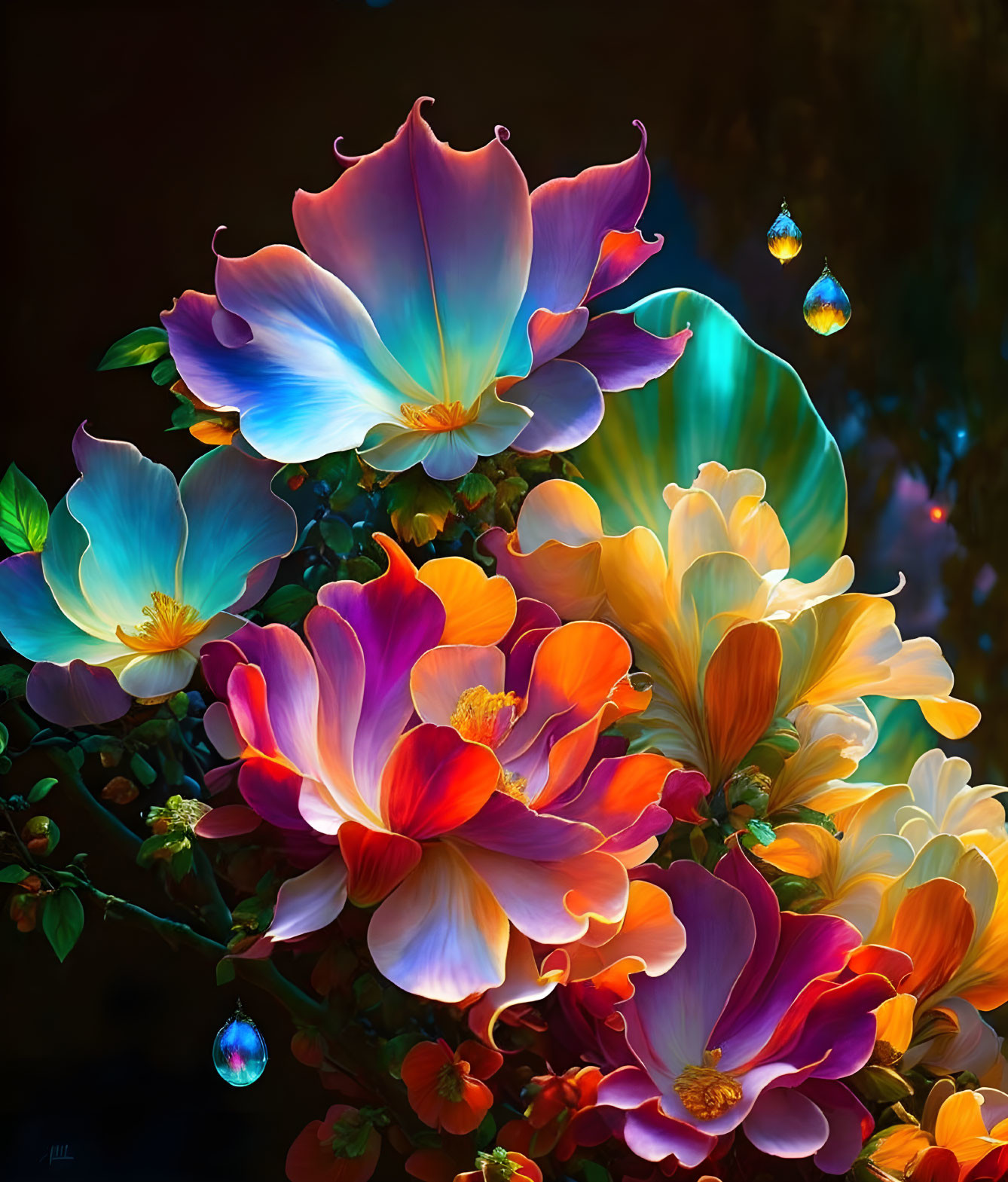 Colorful digital artwork: Iridescent flowers with dewdrops on dark background