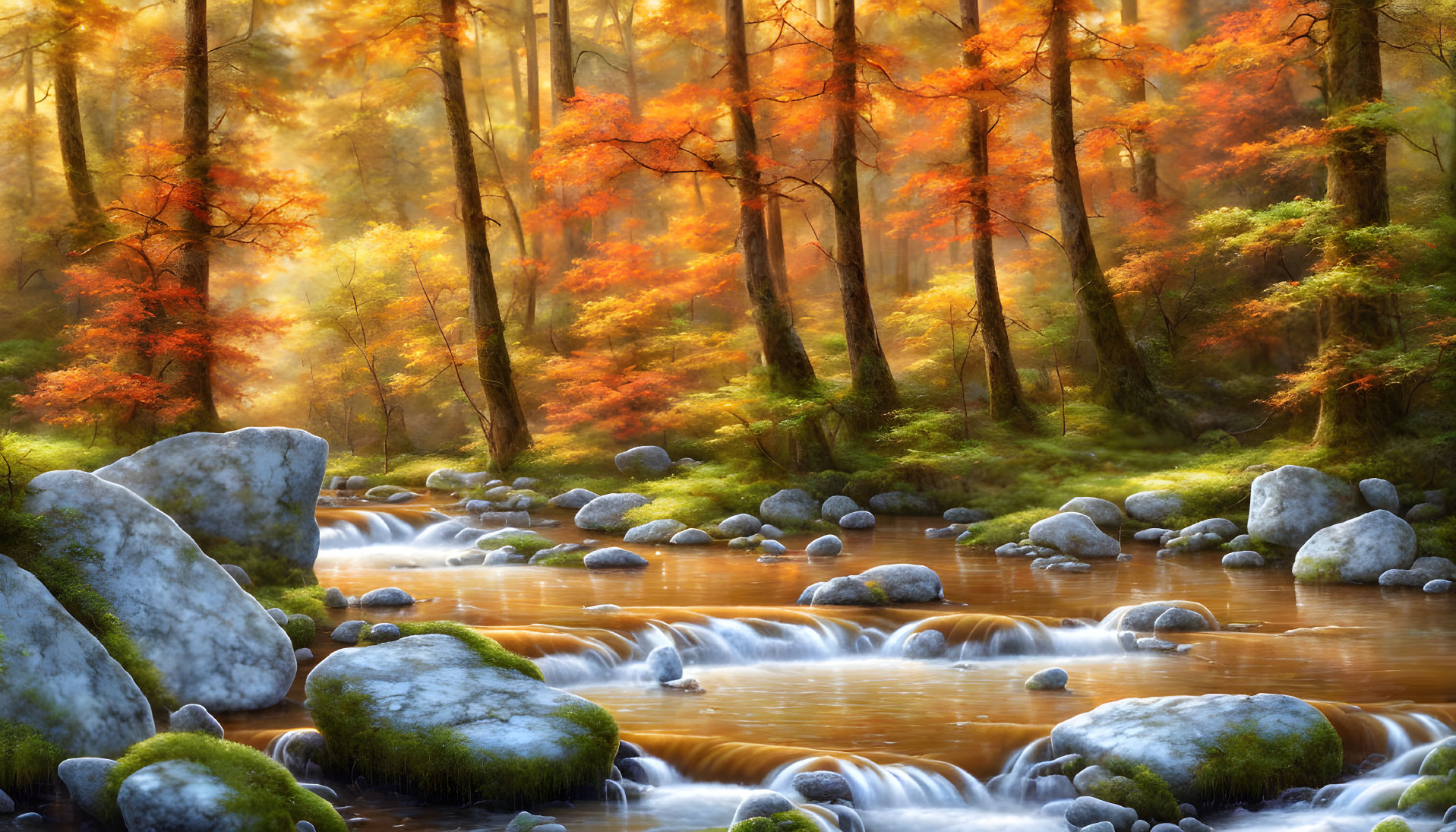 Scenic autumn forest with cascading stream and golden leaves