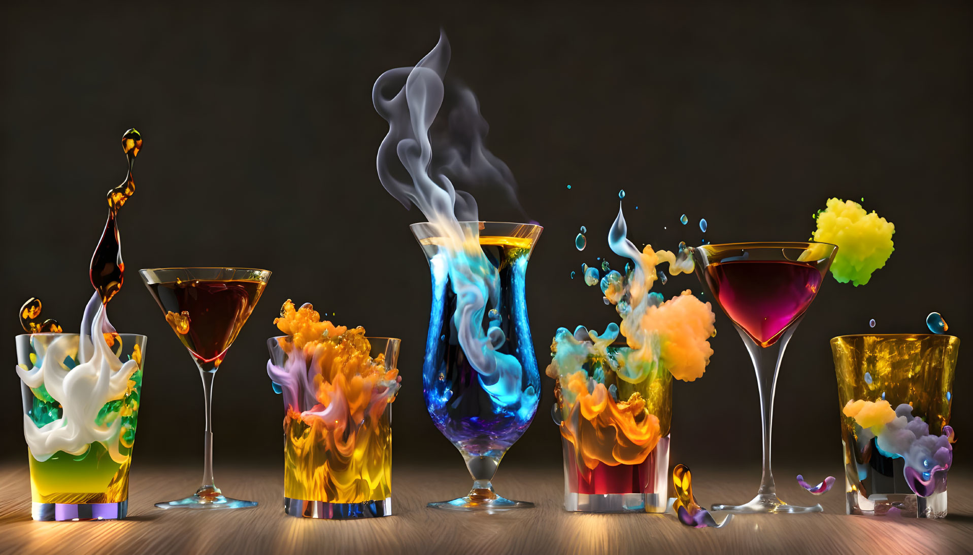 Vibrant liquid splashes in glasses with smoky effects on dark backdrop