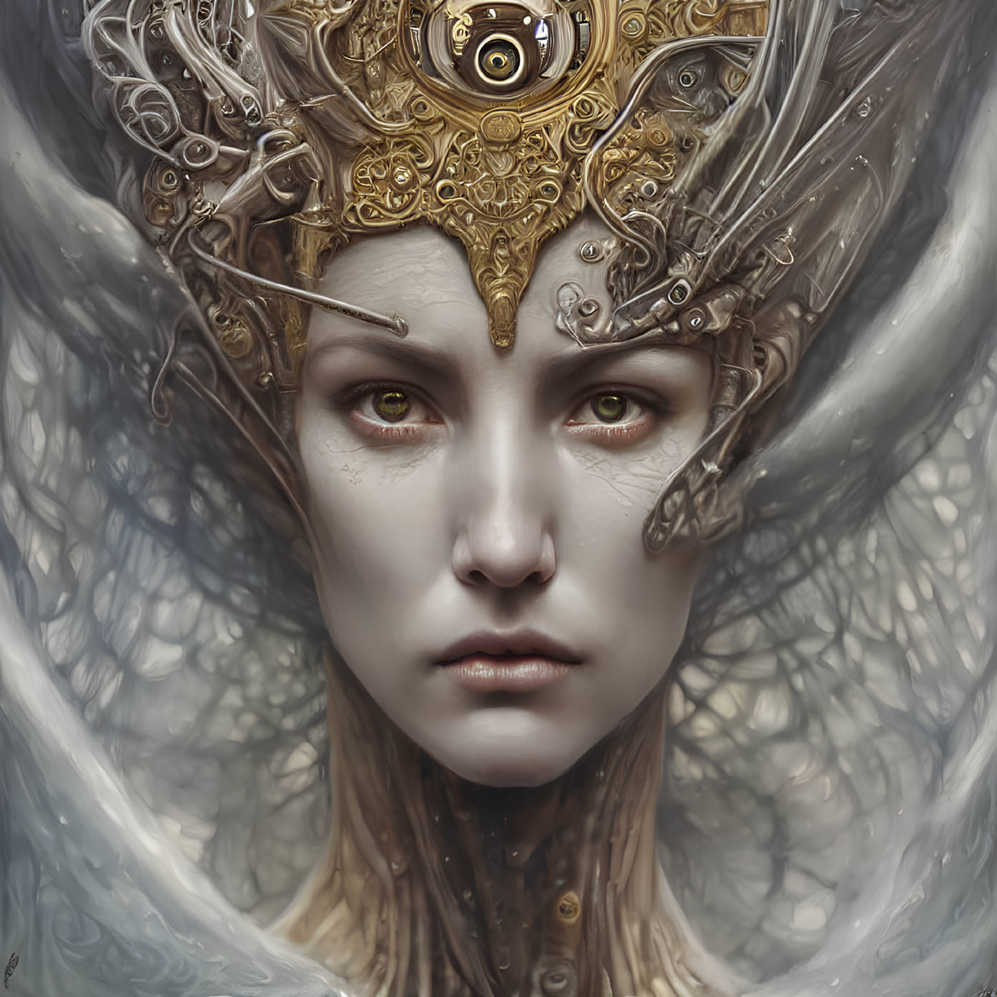 Detailed portrait of ethereal female figure with golden clockwork headgear against swirling tree-like backdrop