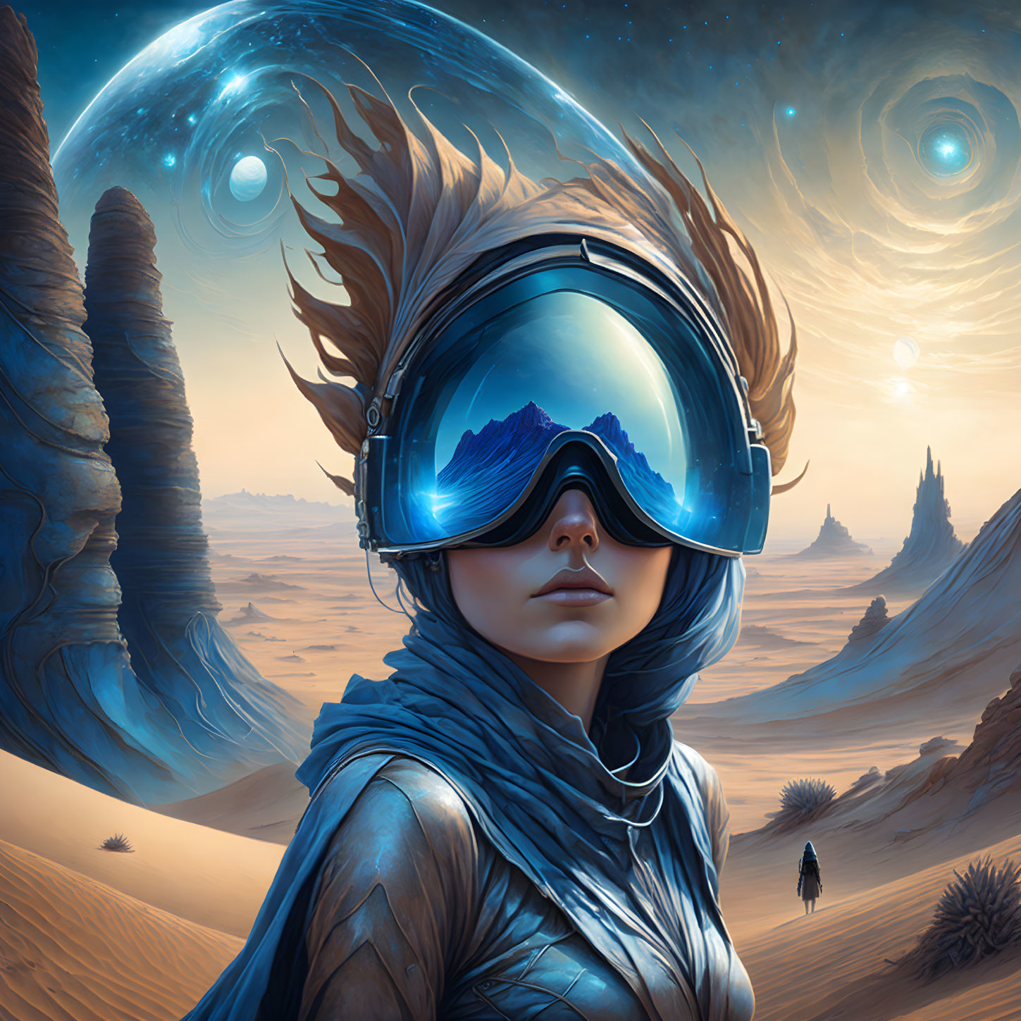 Futuristic helmeted person on desert planet with multiple moons