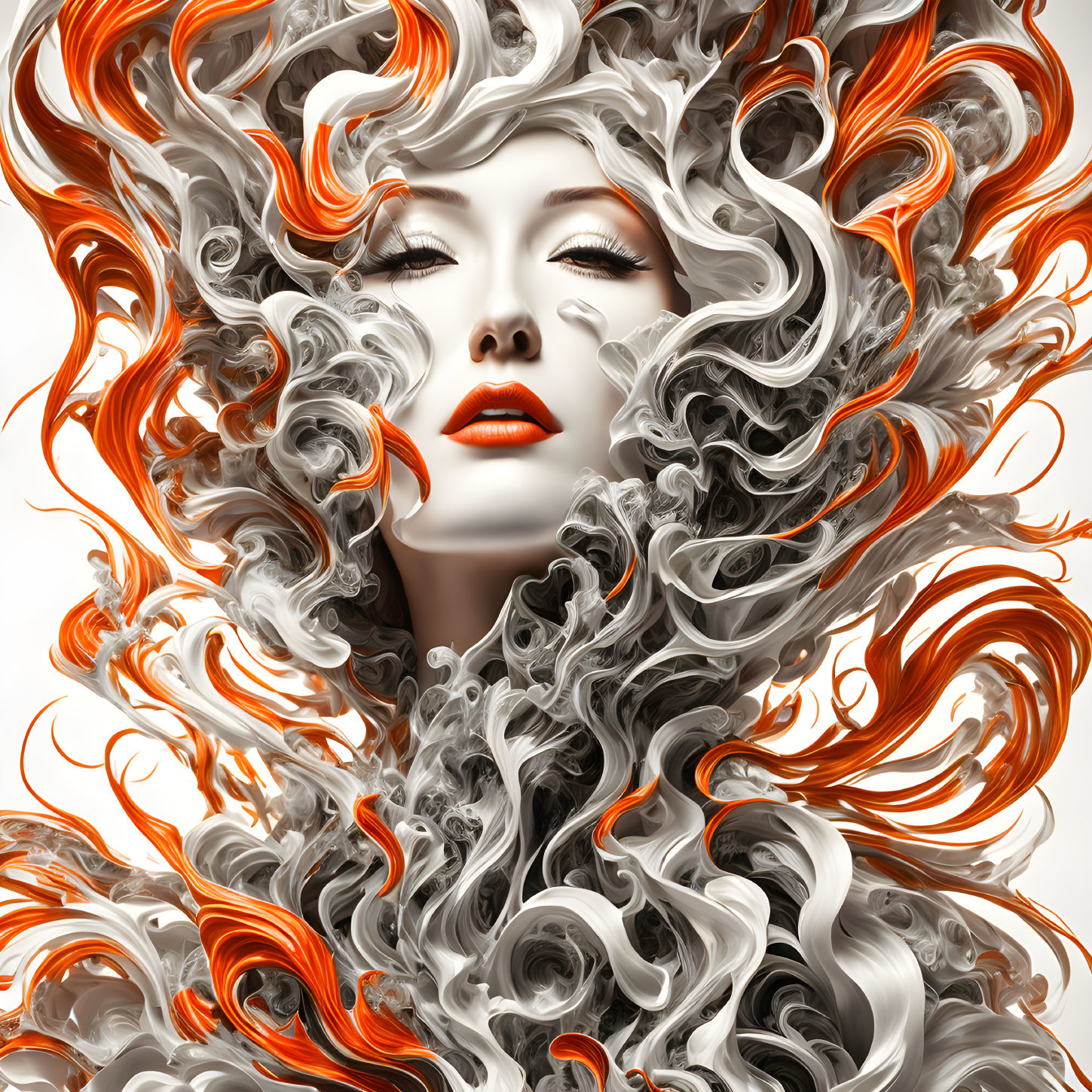 Digital art: Woman with white and orange swirling hair, closed eyes, porcelain skin, bold red lips