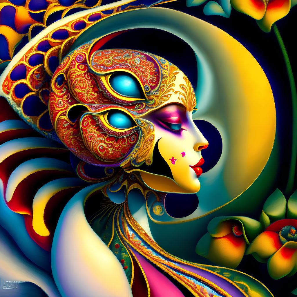 Colorful digital artwork of a stylized woman with elaborate headgear and makeup