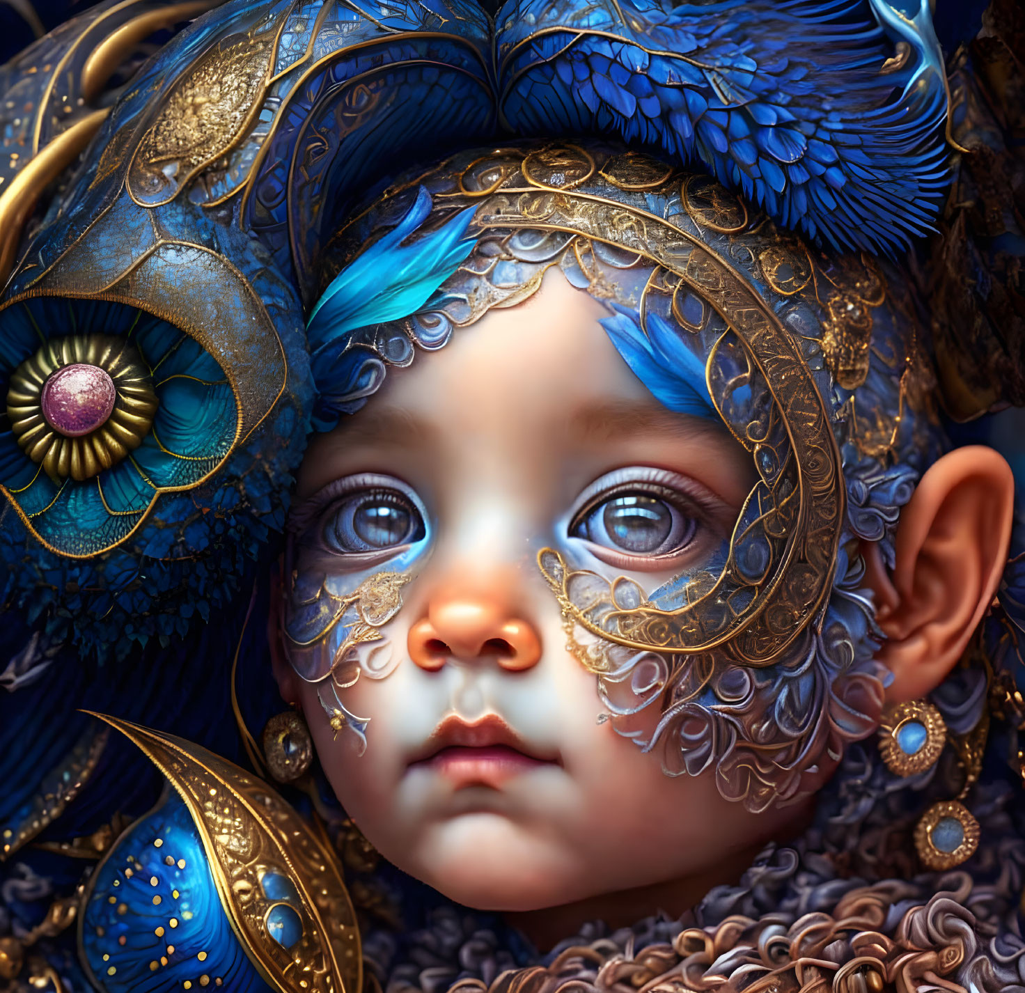 Child with Bright Blue Eyes and Opulent Golden Filigree Adornments