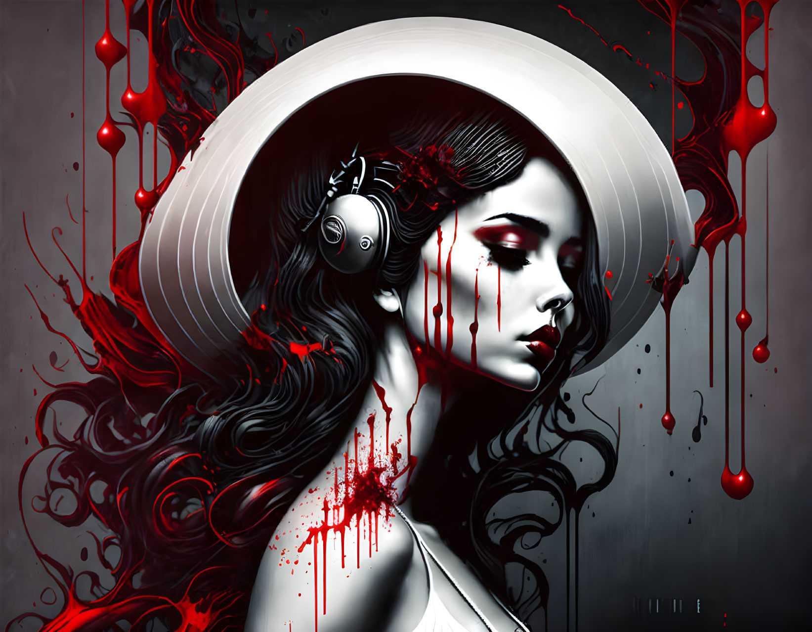 Stylized artwork of woman with white hat, dark hair, red splashes, and headphones on