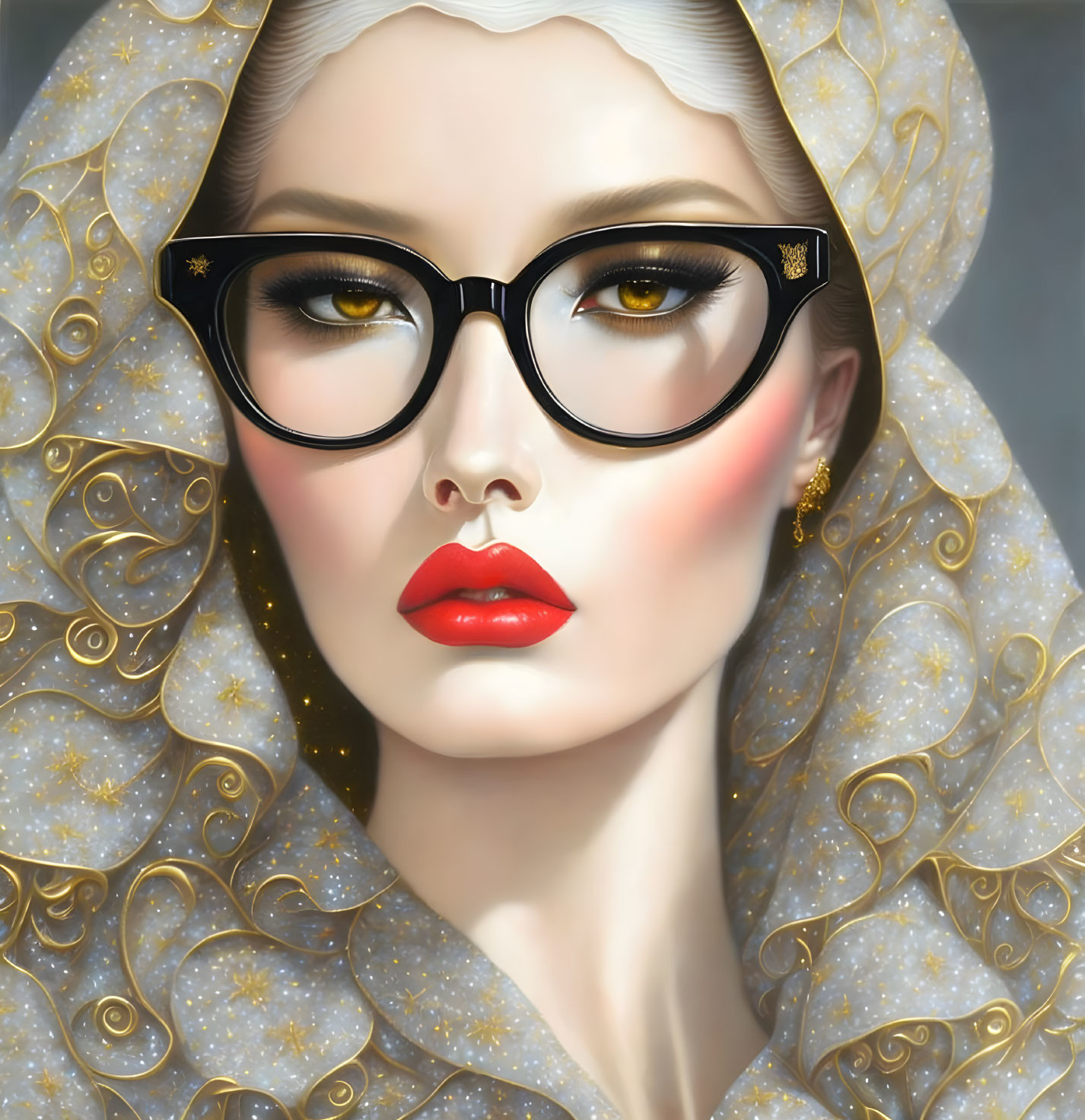 Illustrated portrait of woman with fair skin and red lips in black cat-eye glasses, adorned with golden