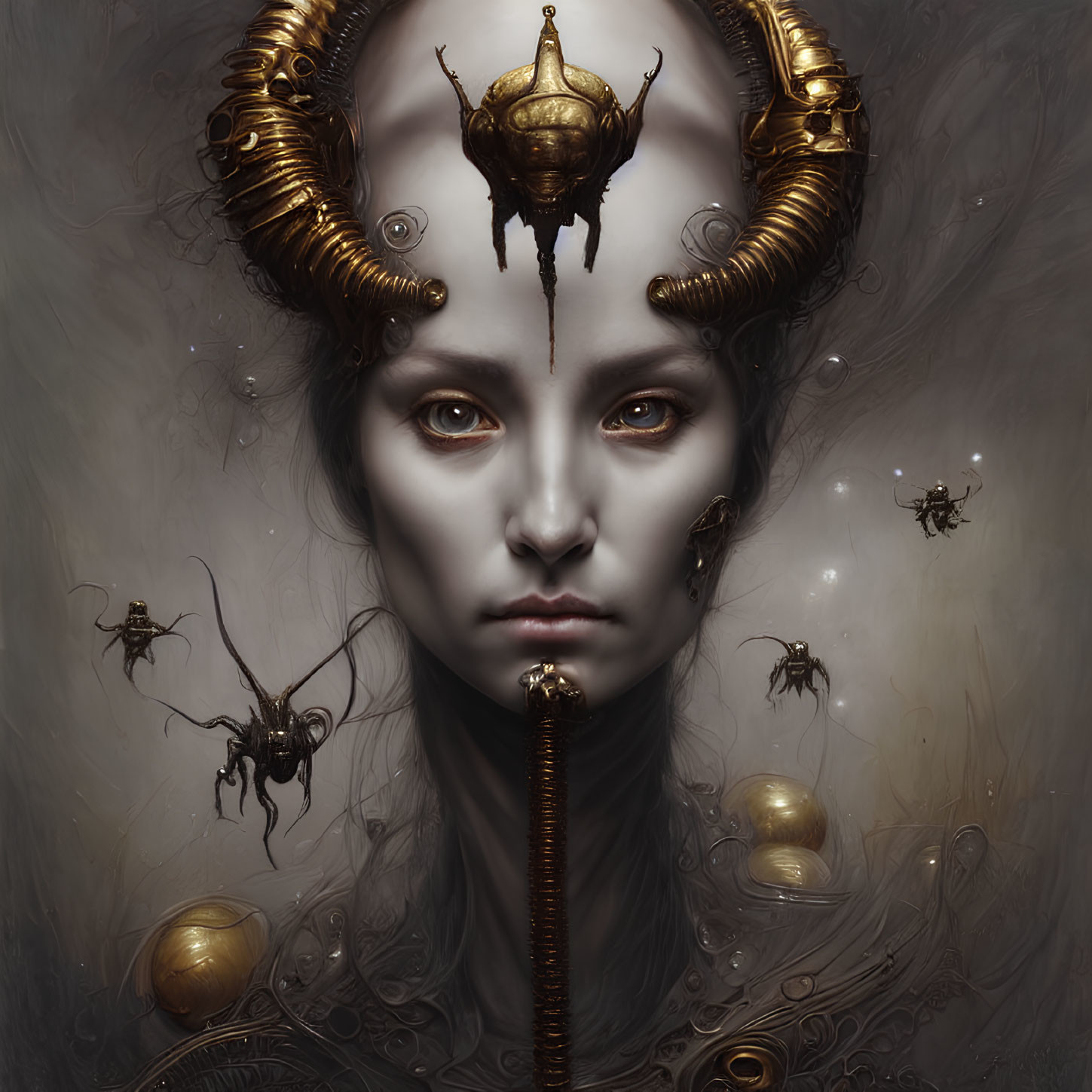 Surreal portrait of person with pale skin and ornate mechanical insect headdress