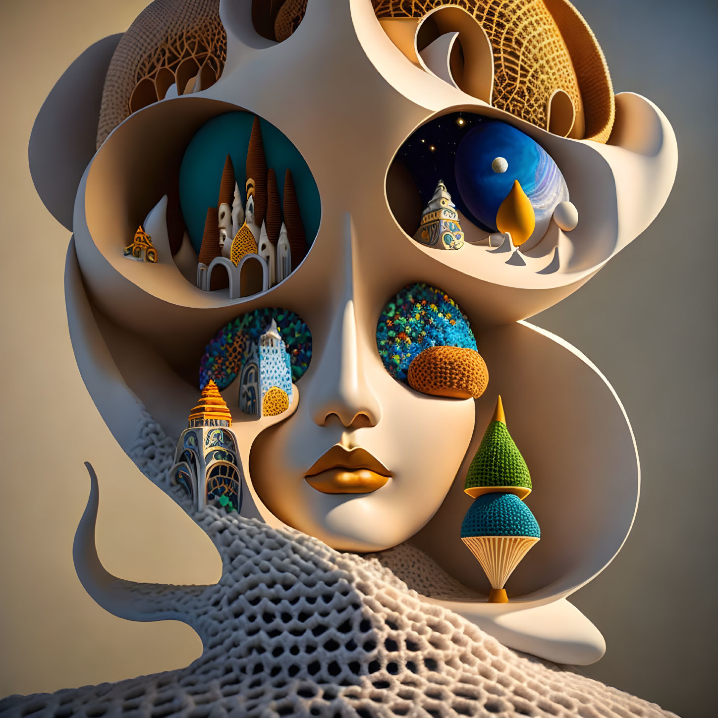 Surreal Digital Art: Face with Landscapes & Architecture Elements