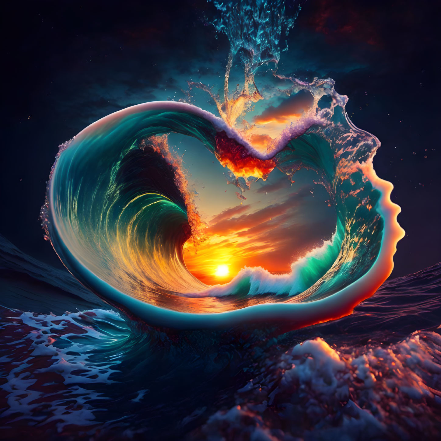 Colorful digital artwork: Wave curling with fiery sunset view.