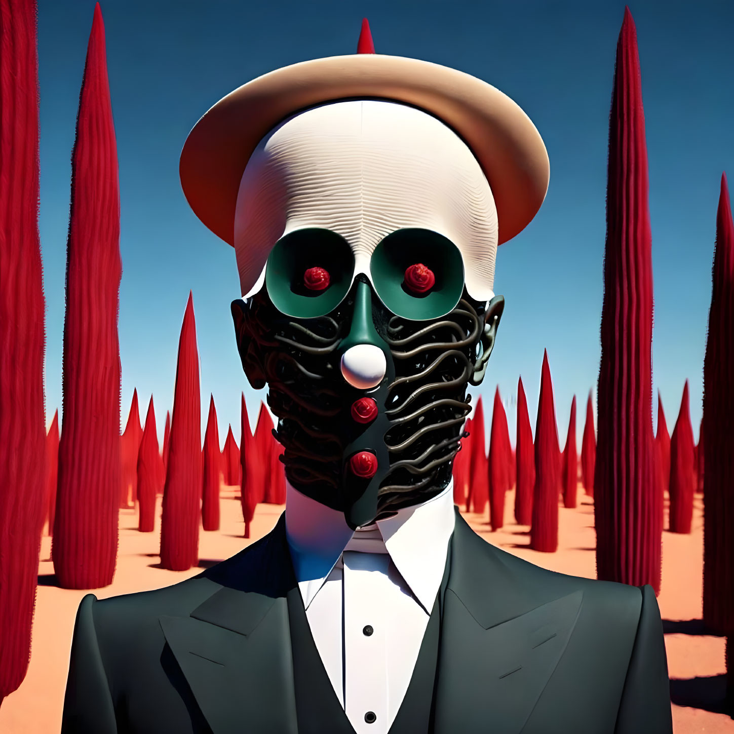 Surreal portrait of figure in bowler hat with red-tinted glasses and decorative mask against