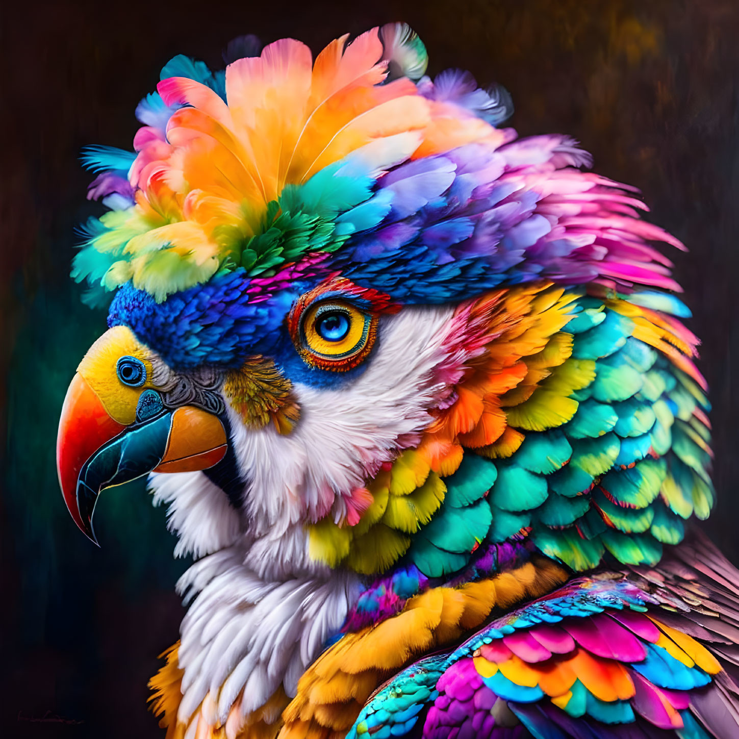 Colorful Parrot Painting with Rainbow Feathers and Orange Beak