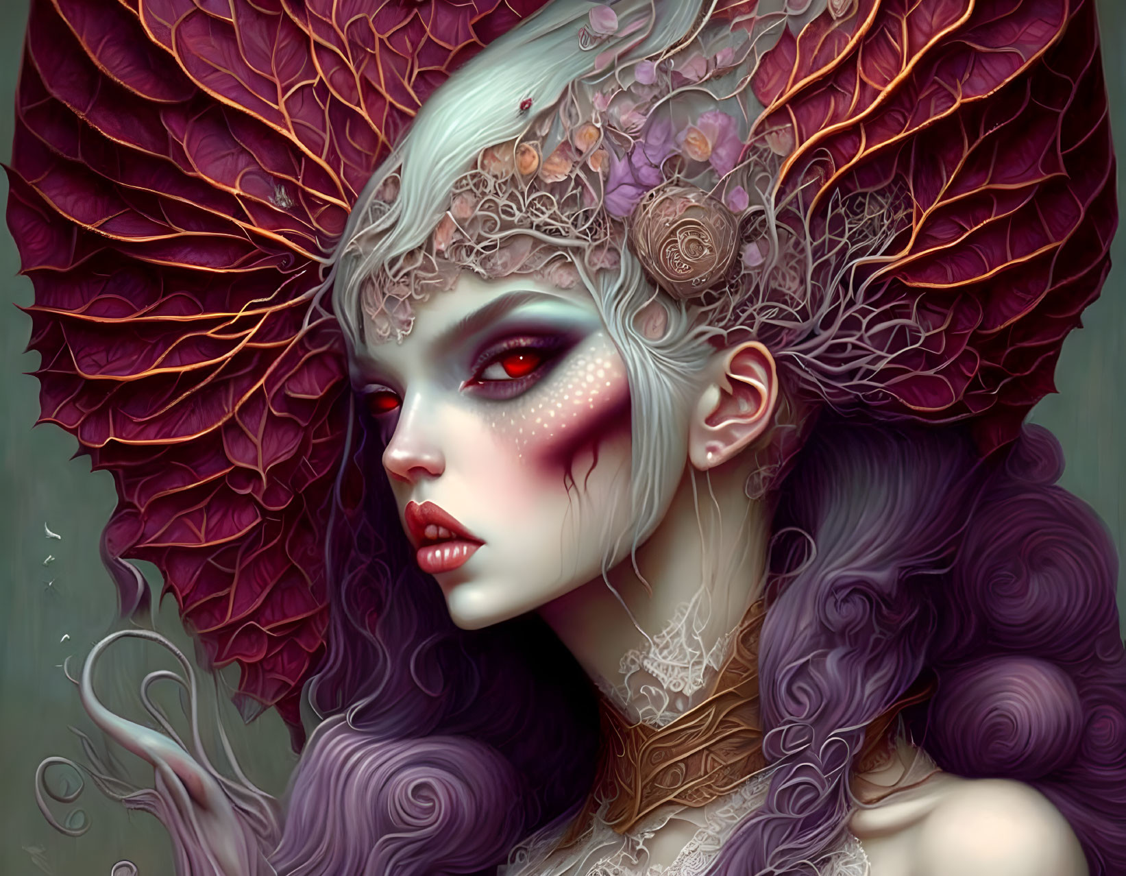 Fantasy female figure with intricate headpiece and purple hair on moody backdrop
