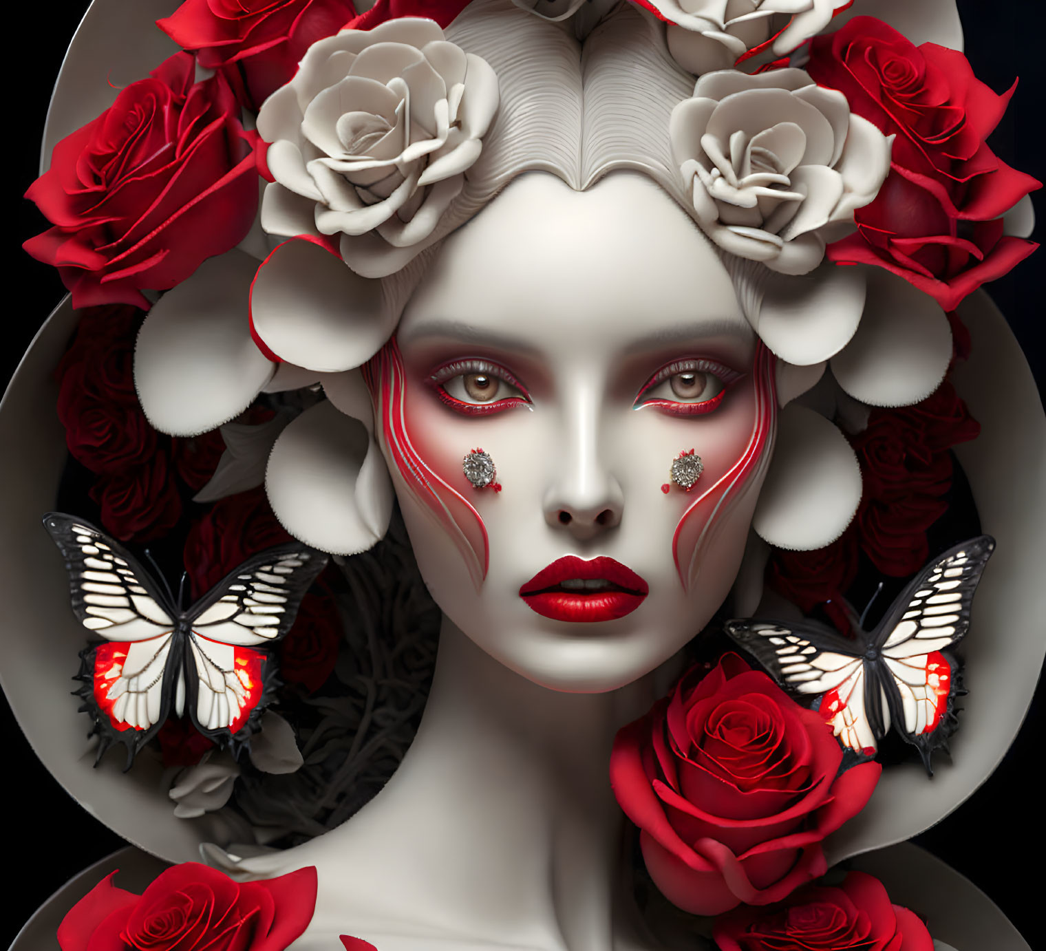 Stylized portrait of person with pale skin, red and white makeup, surrounded by roses and butterflies