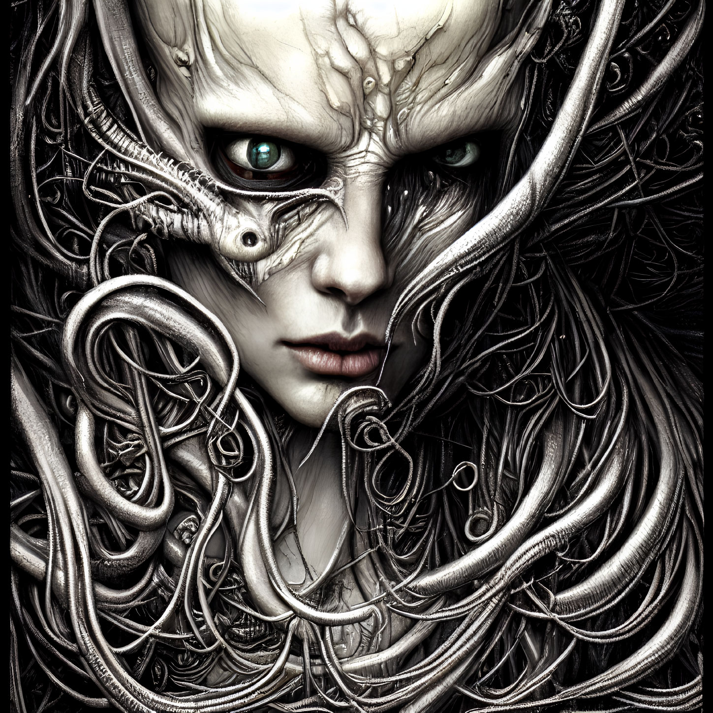 Fantasy illustration of pale-skinned creature with green eyes and intricate textures