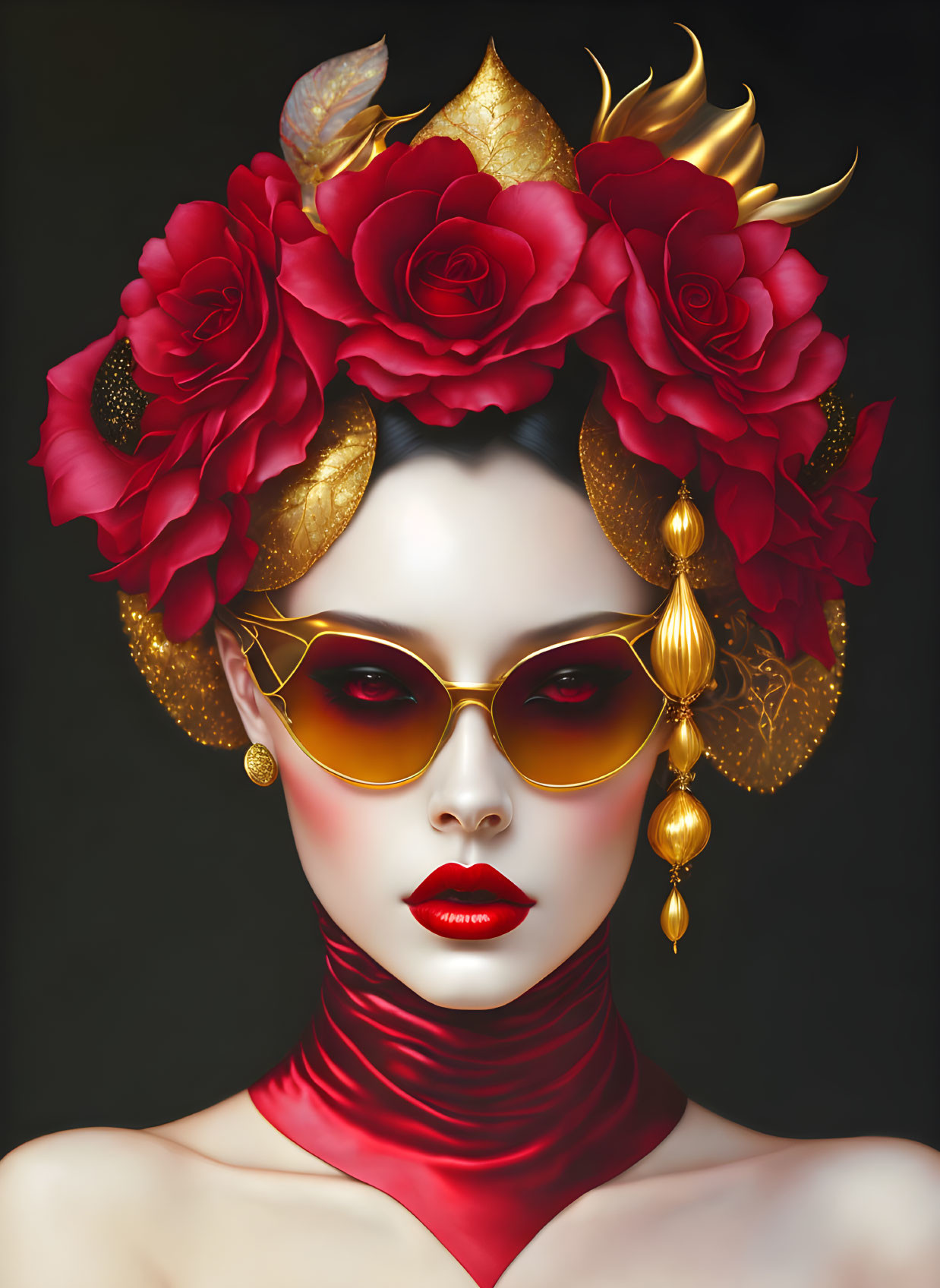 Stylized portrait of woman with red roses, golden horns, sunglasses