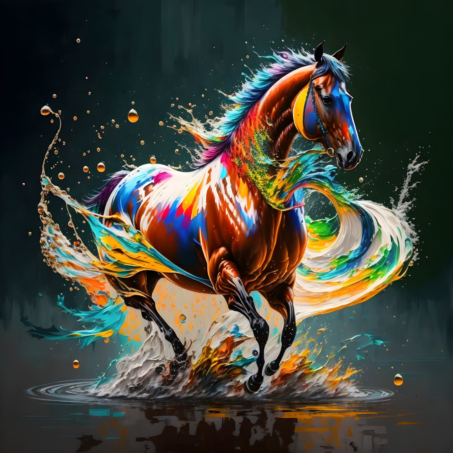 Colorful Horse Art: Dynamic Splash Against Dark Background