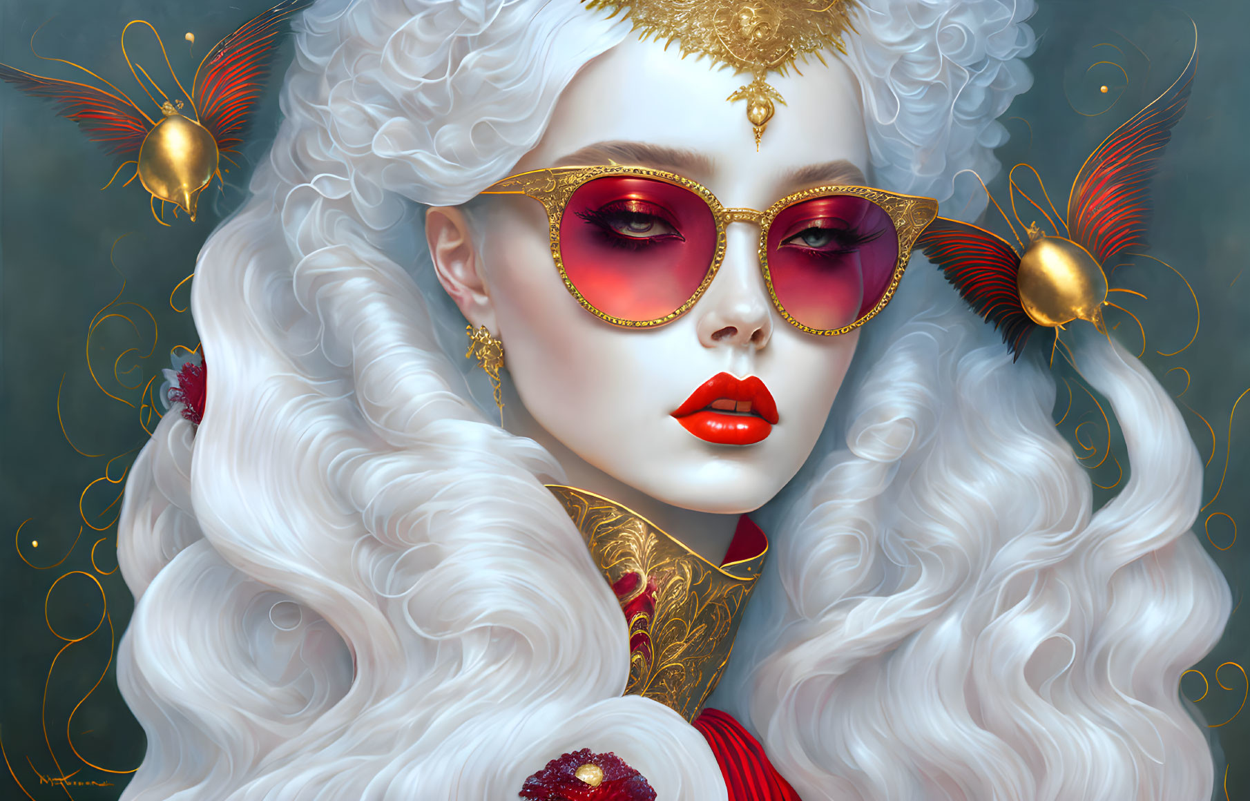 Illustrated portrait of woman with white hair, red sunglasses, gold jewelry, and magical orbs.