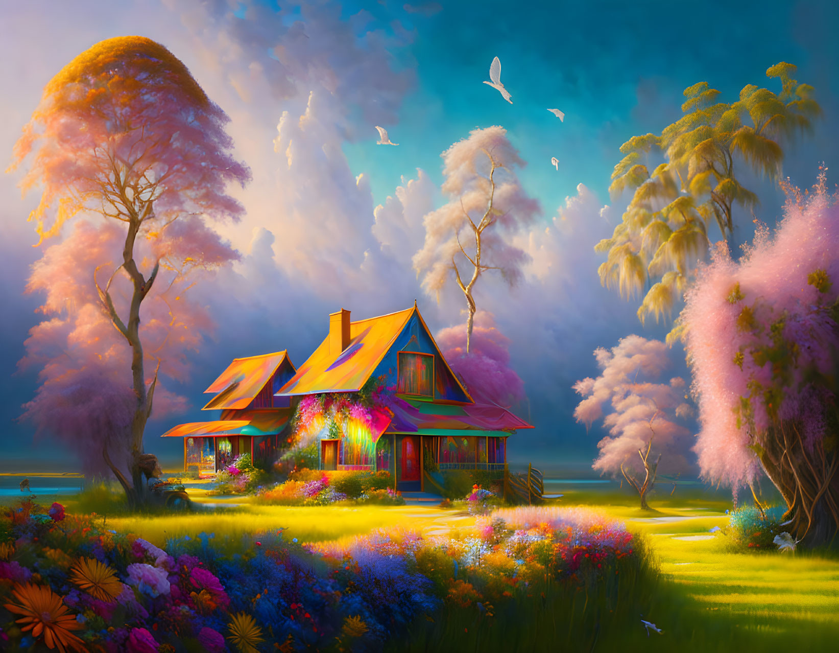 Whimsical cottage in vibrant digital painting