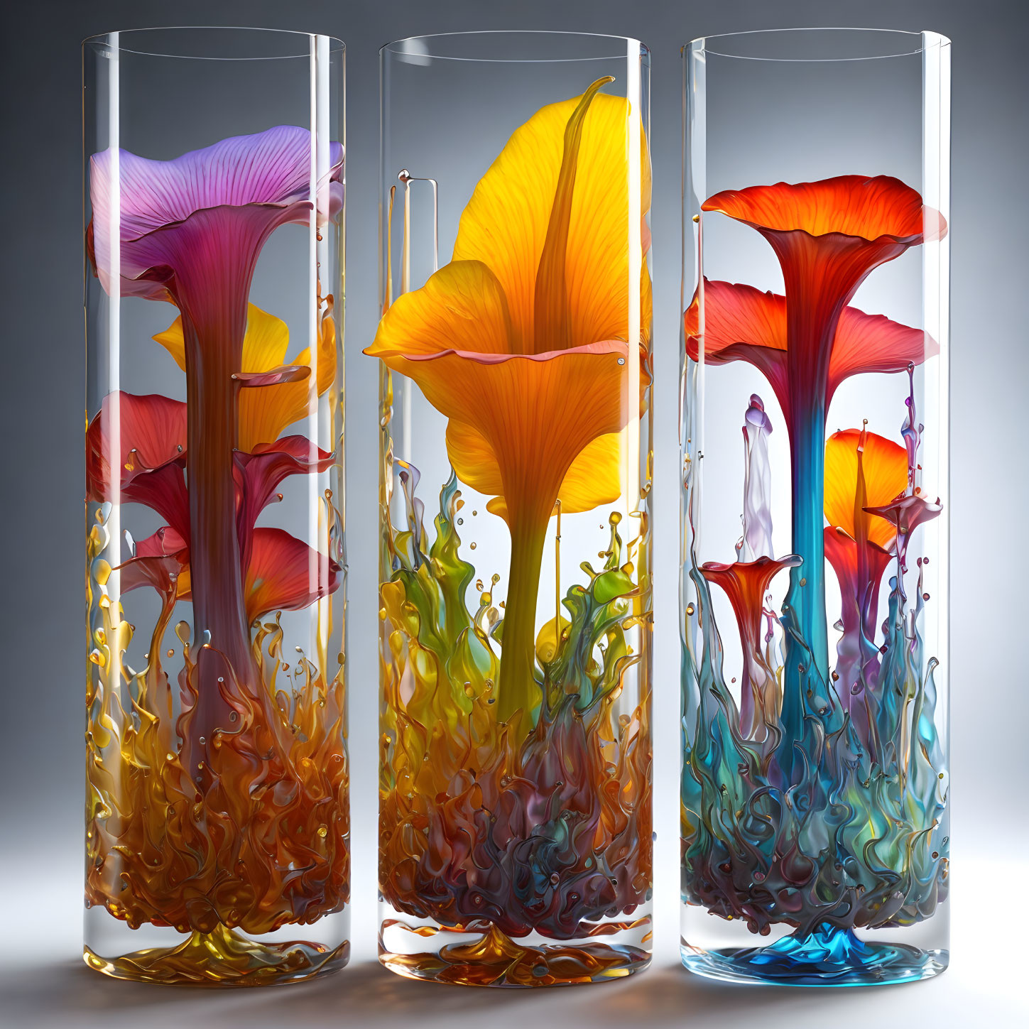 Colorful Glass Sculptures Inside Cylindrical Vases