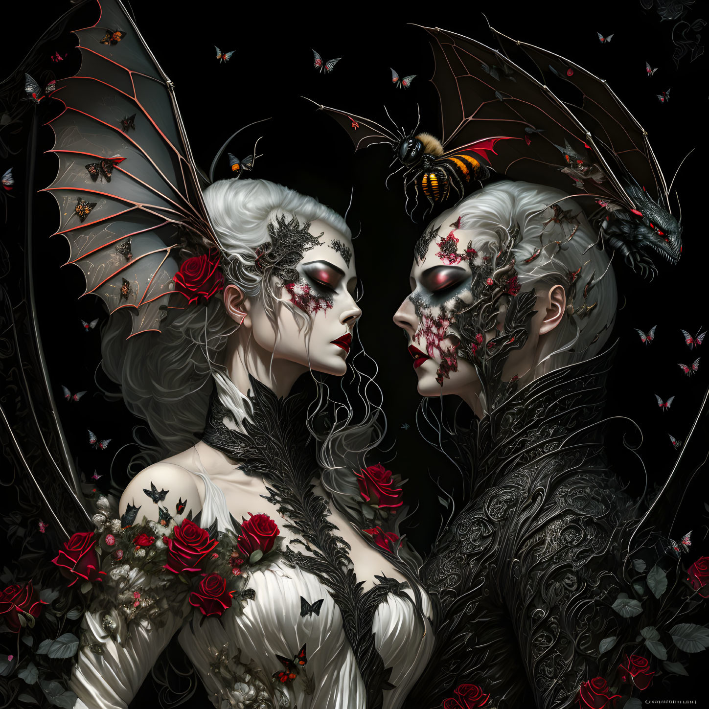 Gothic individuals with bat-wing headpieces, roses, and butterflies