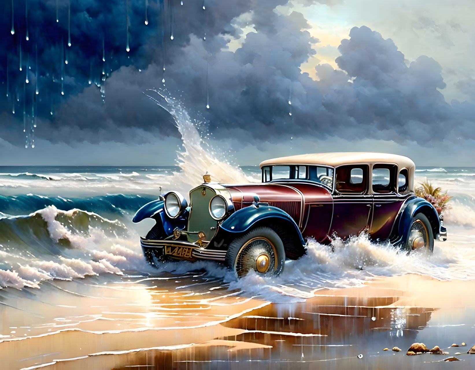 Vintage car parked on wet beach with crashing waves and dramatic sky.