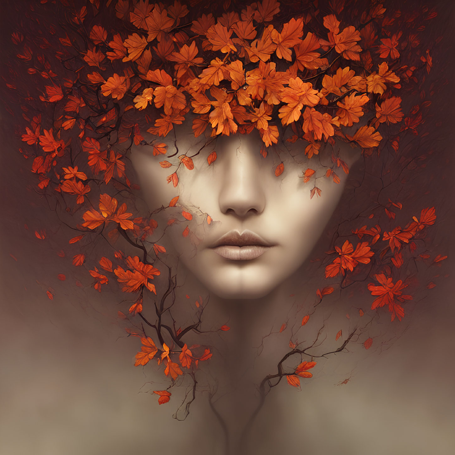 Autumn leaves crown surreal face in serene portrait