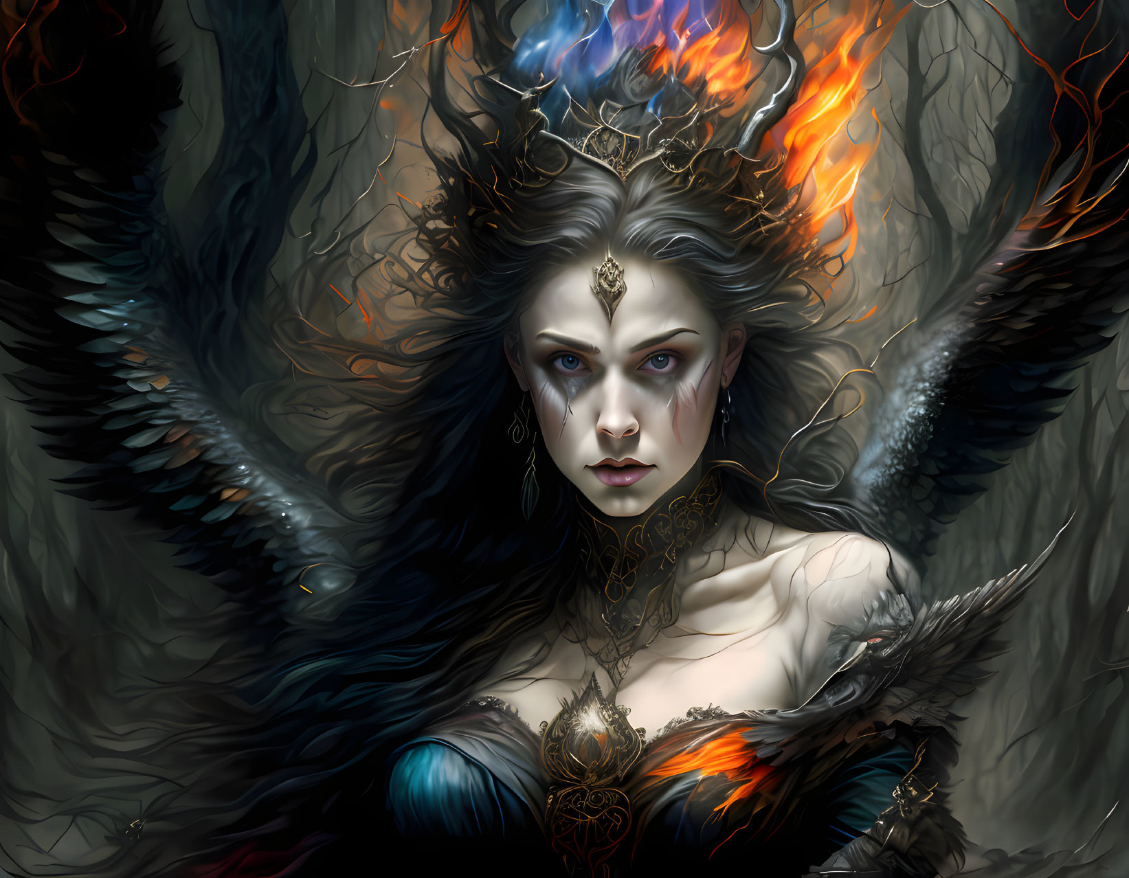 Dark fantasy portrait of woman with angel wings, intense gaze, crown, and jewelry.