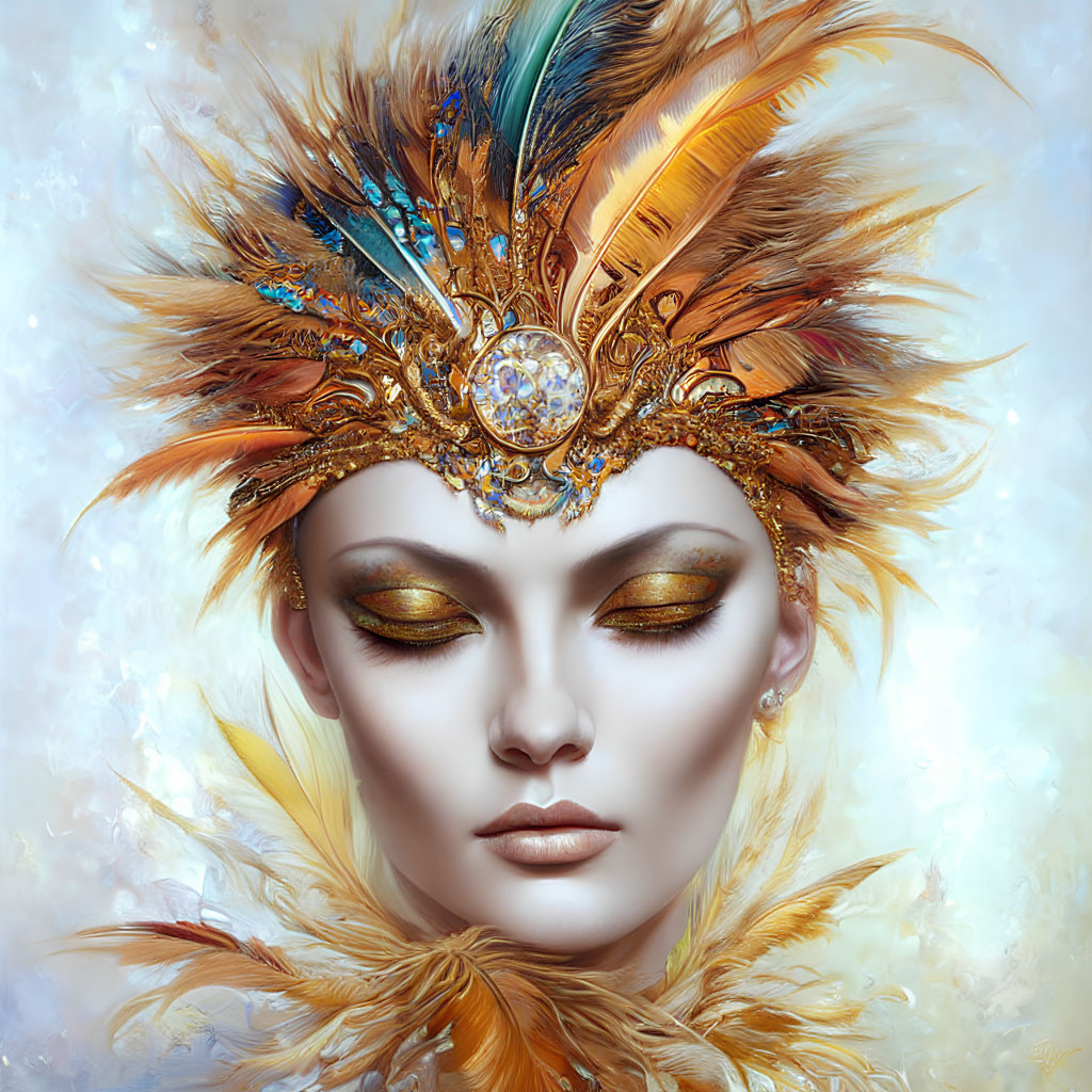 Person with Closed Eyes Wearing Feathered Headdress in Gold, Orange, and Brown