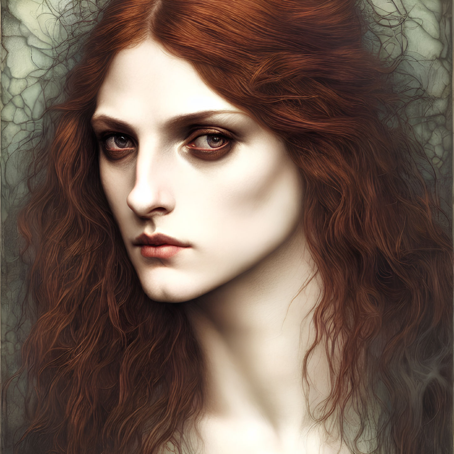 Digital portrait of woman with flowing red hair and intense gaze against tree branch-like background