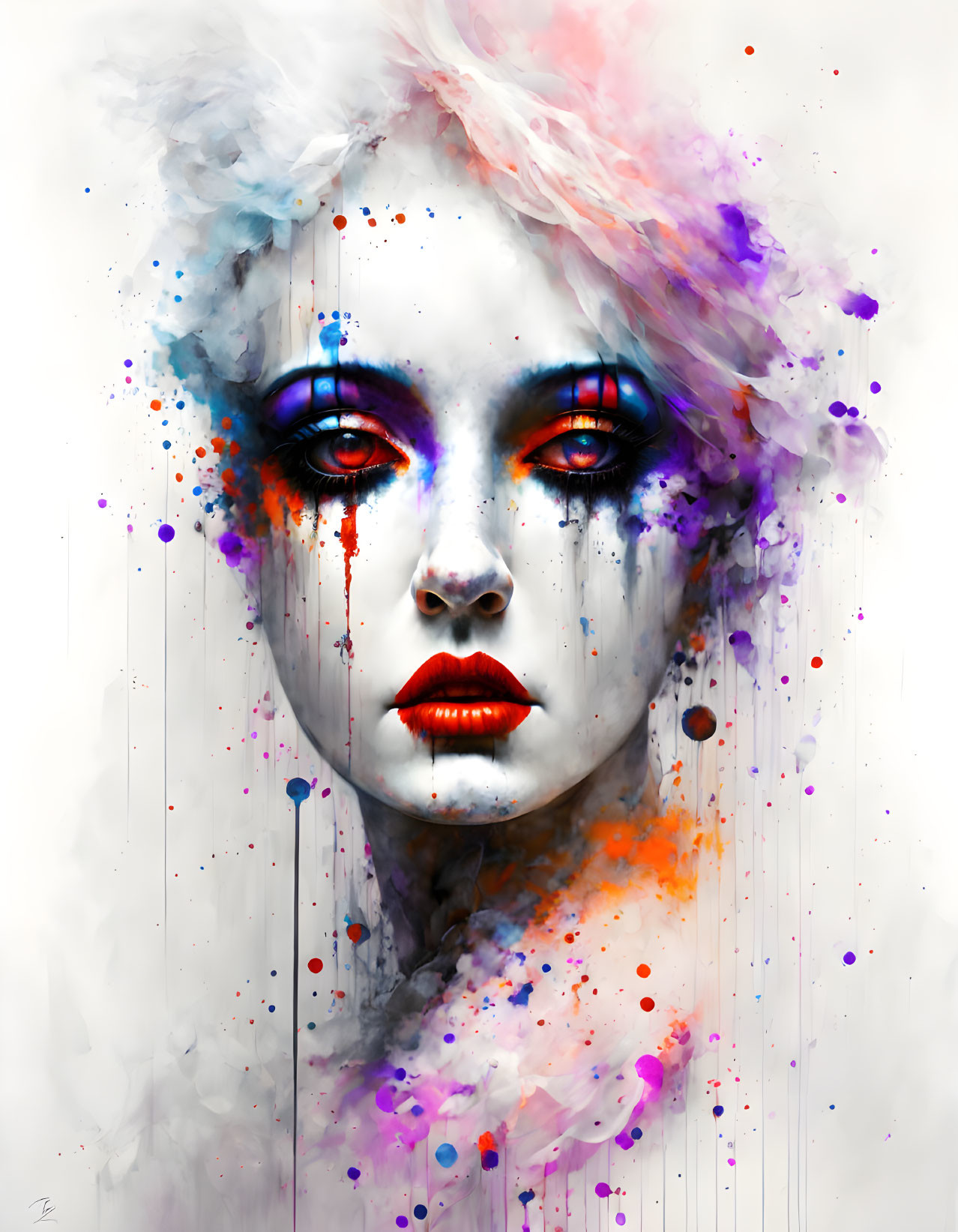 Colorful digital artwork of a woman with blue eyes and red lips