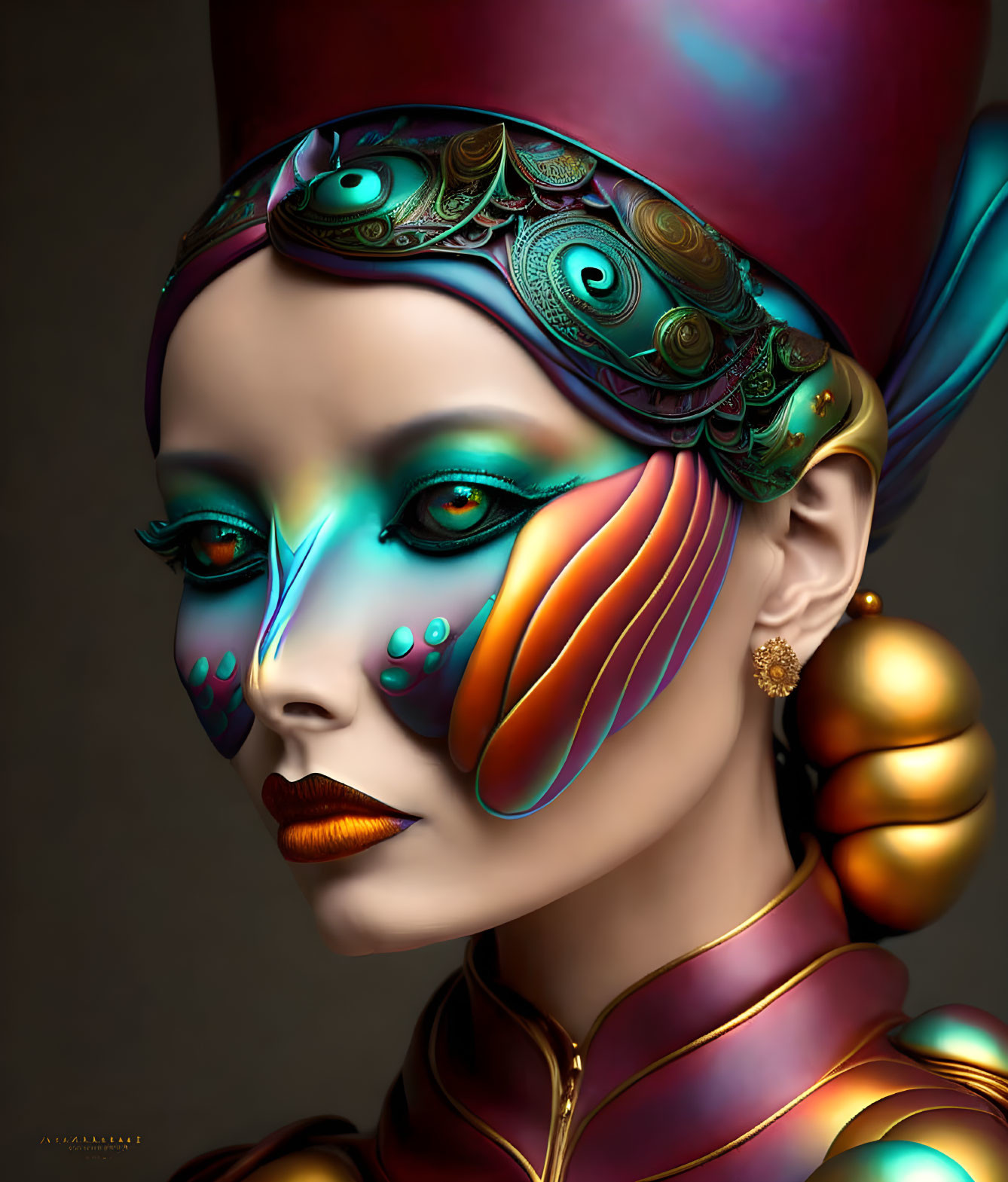 Colorful Makeup and Gold Peacock Headpiece Portrait