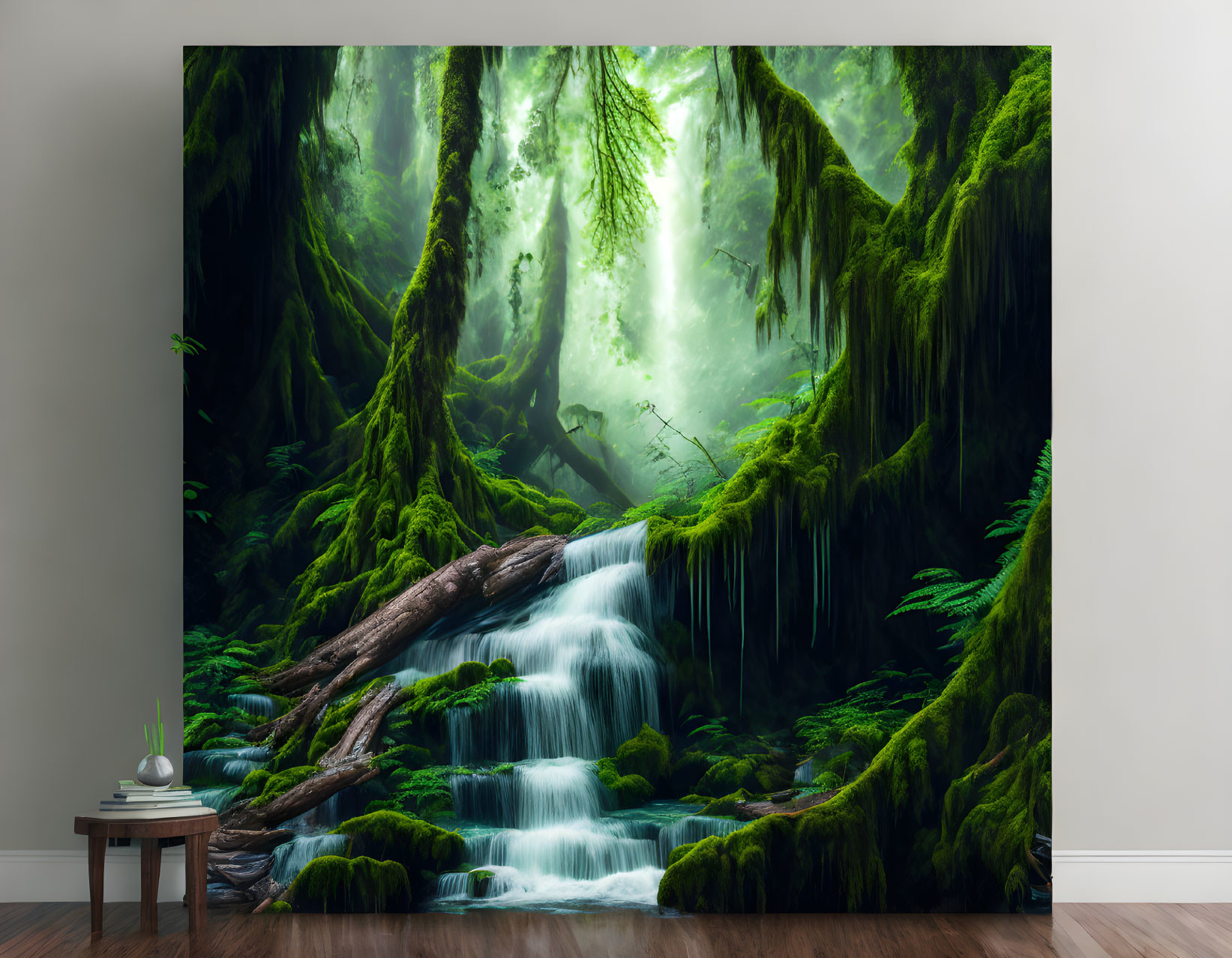 Tranquil room with vibrant forest mural and waterfall