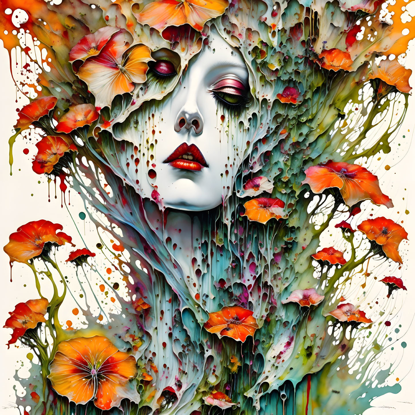 Colorful surreal portrait blending floral elements with vibrant colors