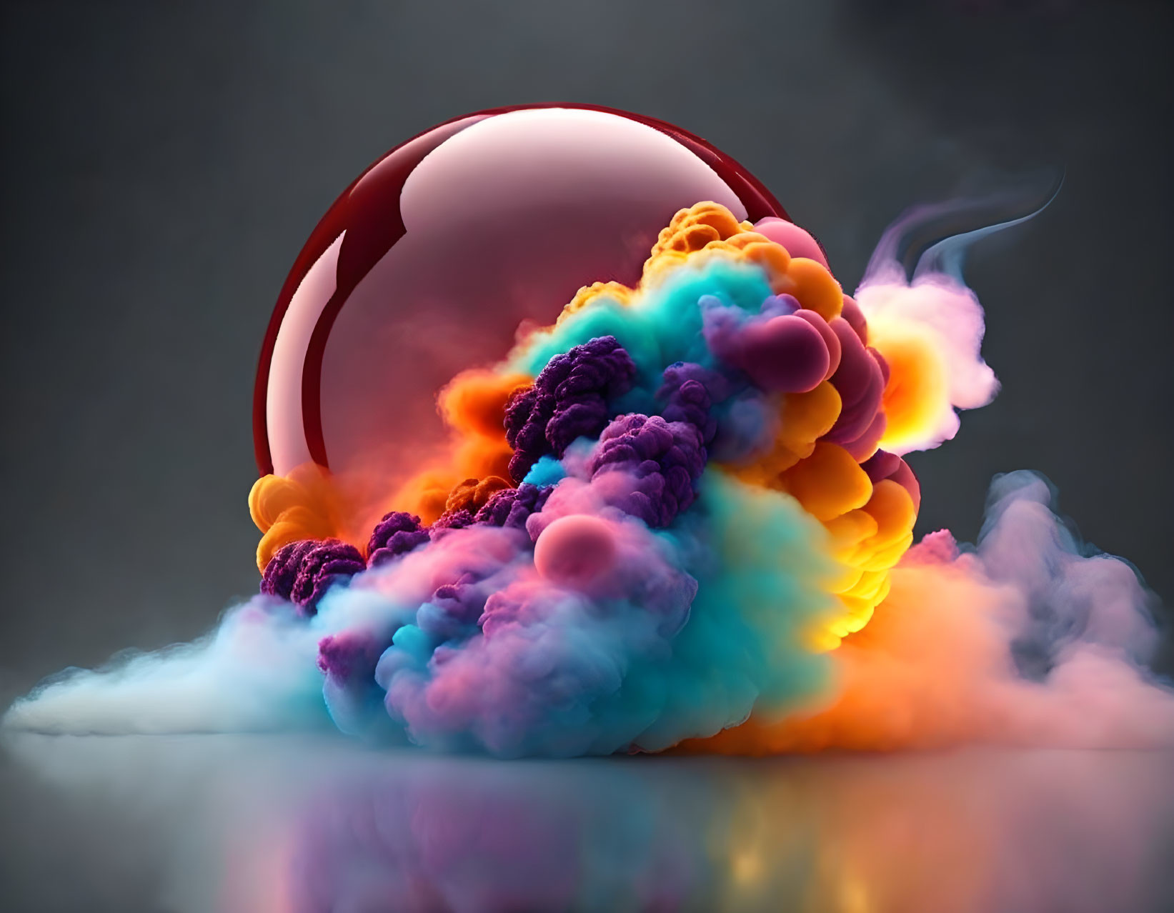 Colorful Smoke Clouds Surrounding Spherical Structure on Moody Background